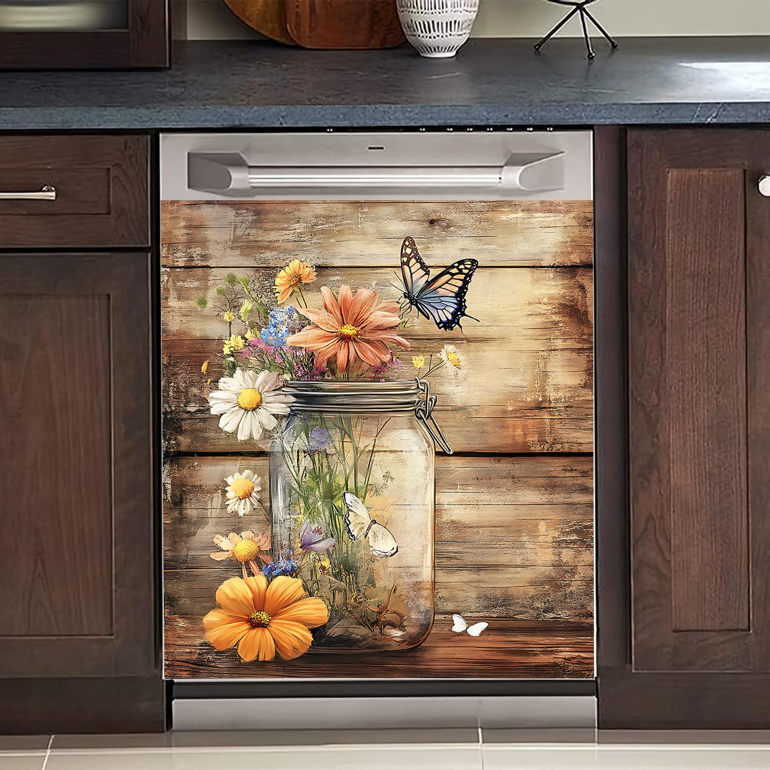 BVBOX Dishwasher Magnet Cover 23"x26", Reusable Magnetic Refrigerator Covers, Dishwasher Magnets Decorative Cover Fridge Door Skin Panel Stickers for Home Kitchen Appliance,Flower Arrangement