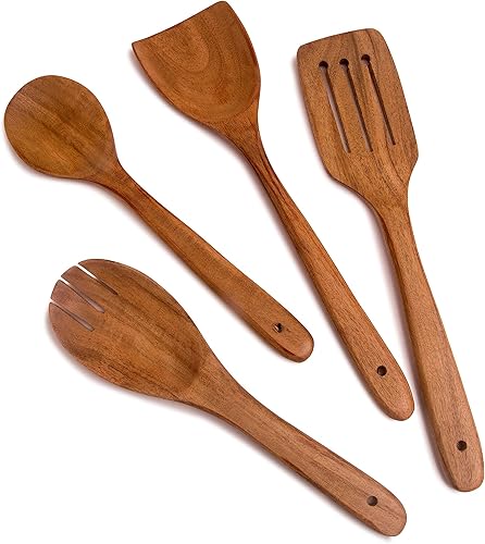 Juego de 4 cucharas antiadherentes de madera de acacia para cocinar, utensilios de cocina de madera, cuchara y tenedor para ensalada, espátula