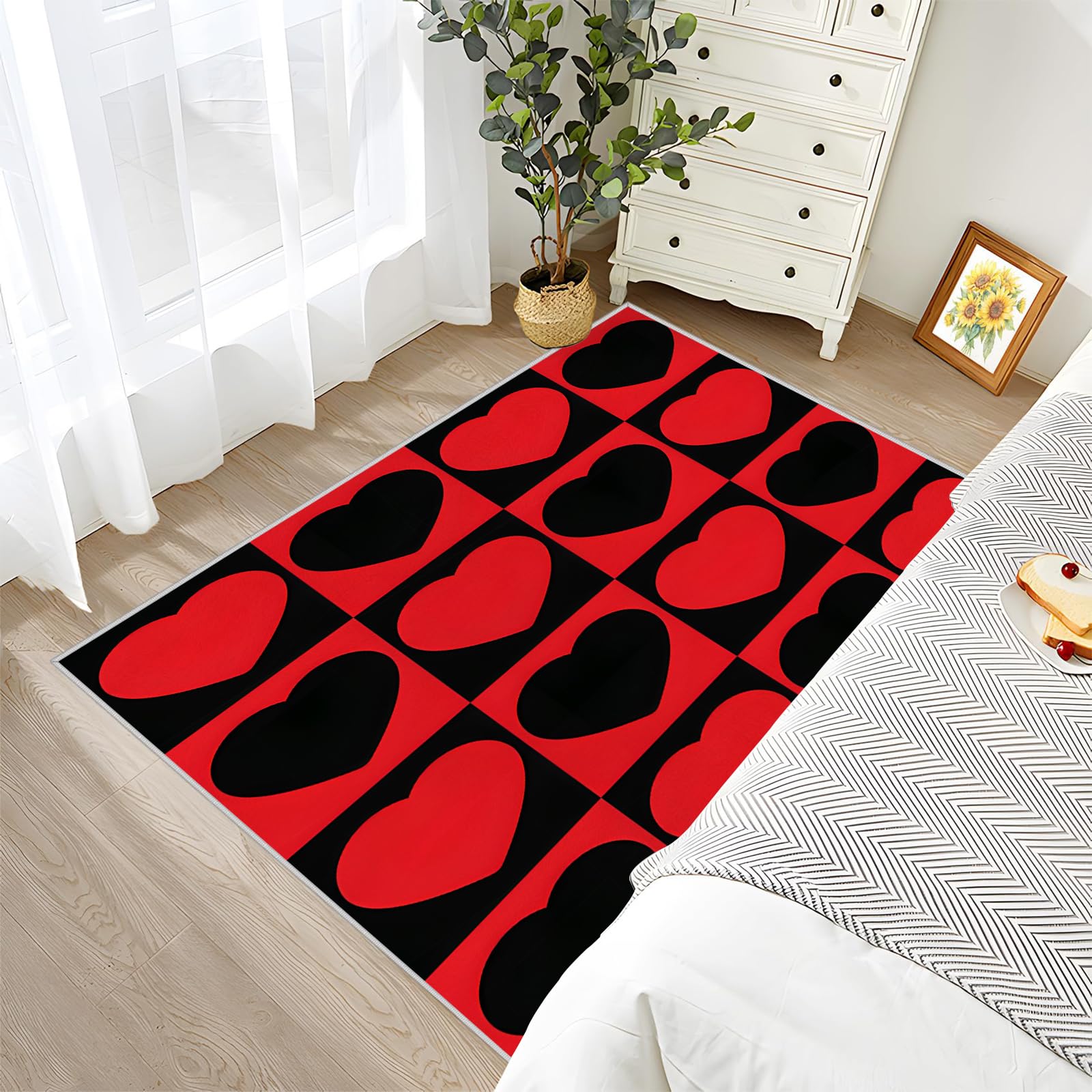 Großer waschbarer Kurzflor-Teppich 200x300, Herz Rot Schwarz Teppich modern Dünn Saugfähig Vielseitig für Wohnzimmer Schlafzimmer Oder Als Bettvorlege G171