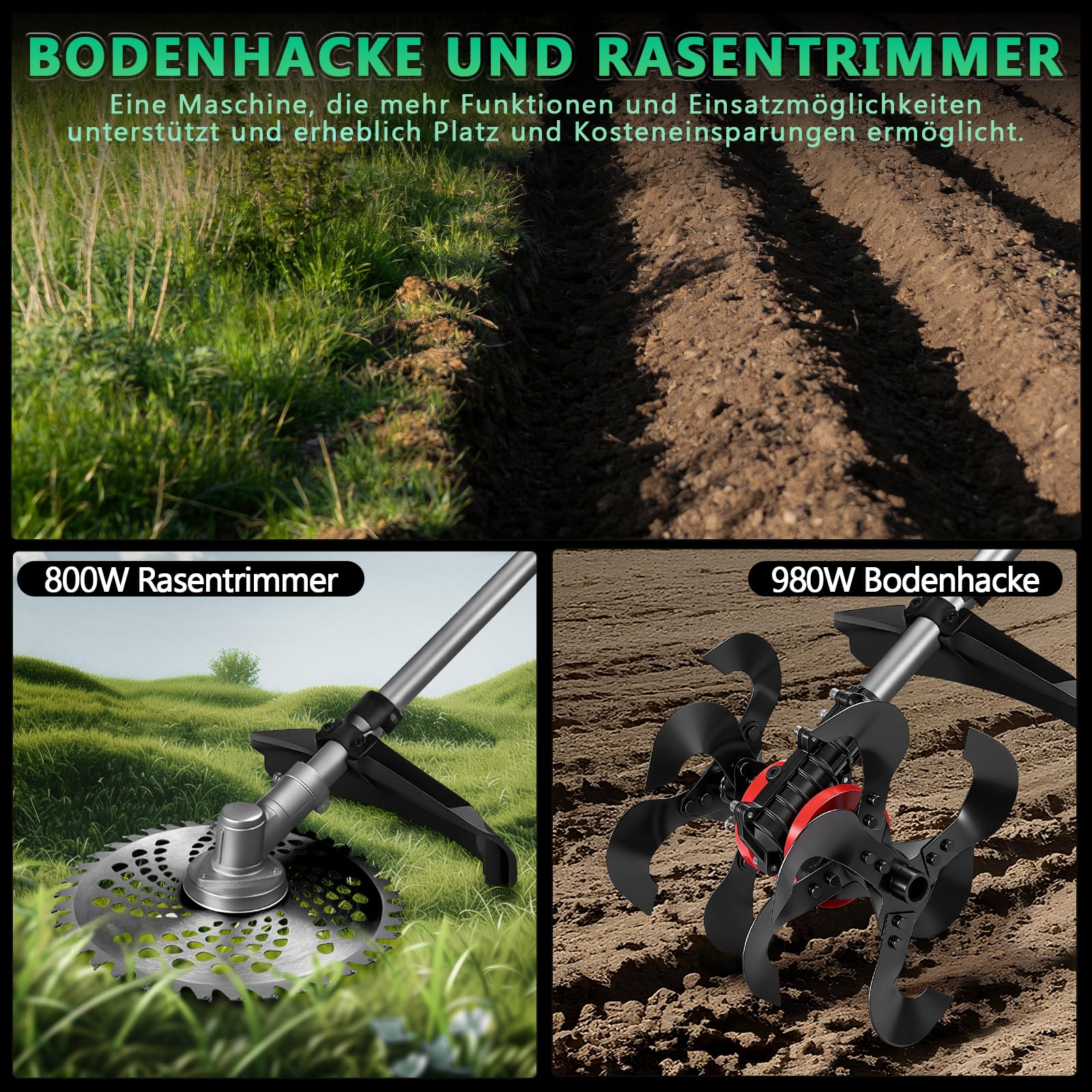2 In 1 Akku Bodenhacke und Rasentrimmer Kompatibel mit 2 x 4Ah Akkus, Akku Motorhacke mit 25cm Arbeitsbreite & 23cm Arbeitstiefe, 12 Rostbeständige Messer für Bodenbearbeitung und Gartenarbeit
