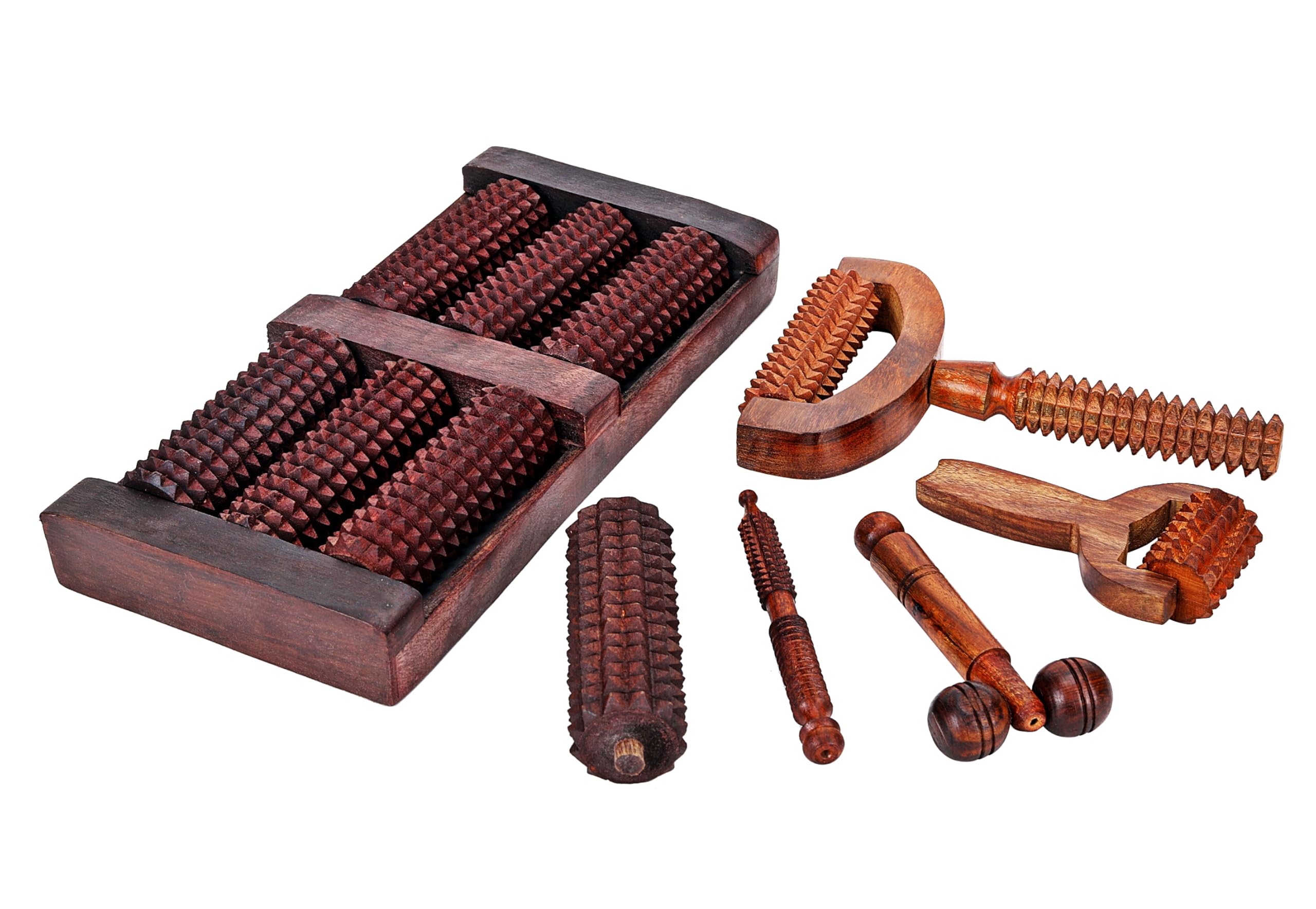 Flavoma (SET OF 6) Foot/Feet Massager Roller Stress Acupressure | T-Shape Massager | Wooden Face/Neck Massager | Balyantra Wooden Head Massager For Scalp | Palm Hand Massager for Pain Relief