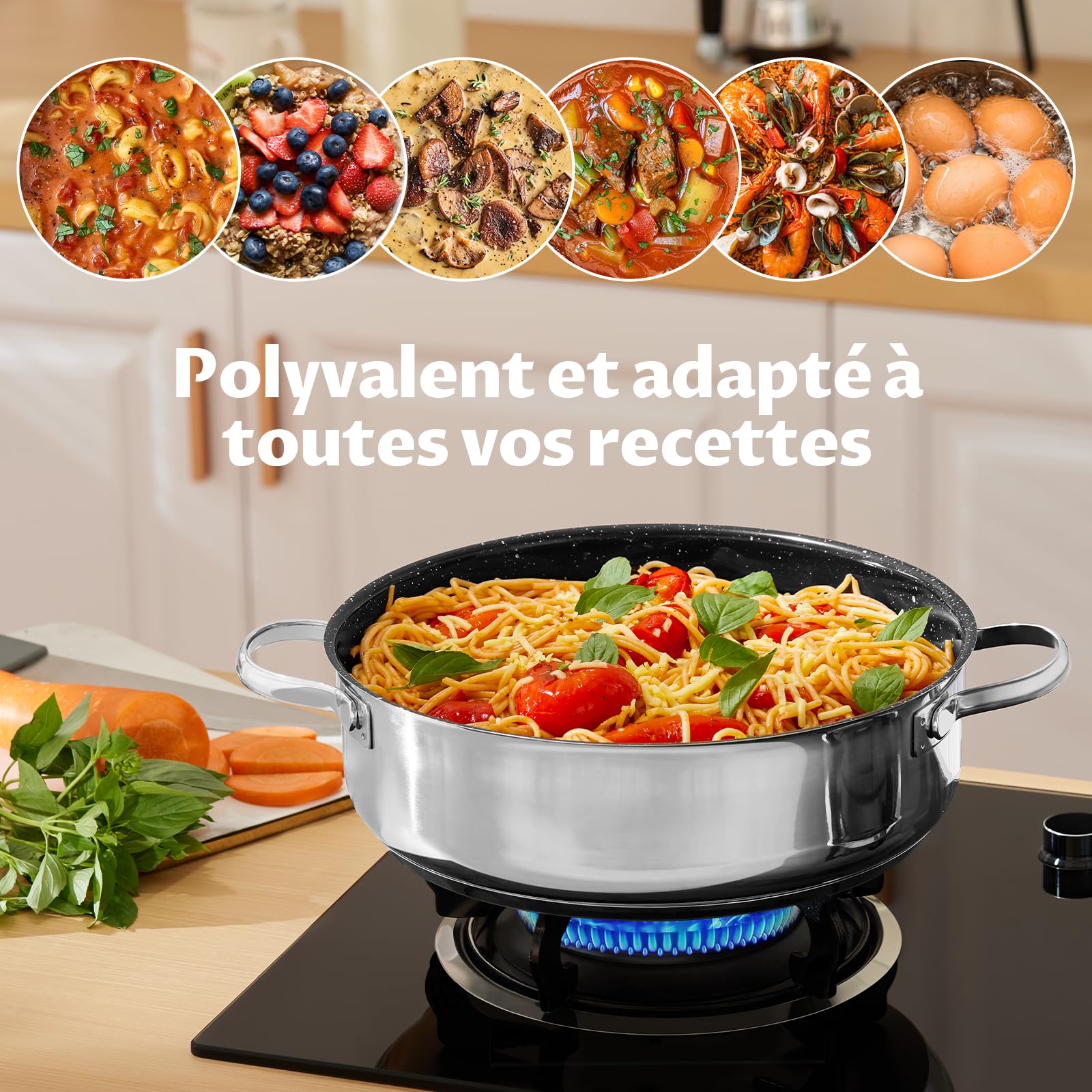 BEZIA Sauteuse Basse en Inox 18/10 de 28 cm | Faitout Bas avec Couvercle 5,1 L | Plat à Sauter Revêtement Antiadhésif Effet Pierre, Poêle de Service Tous Feux dont Induction, Résistant au Oven