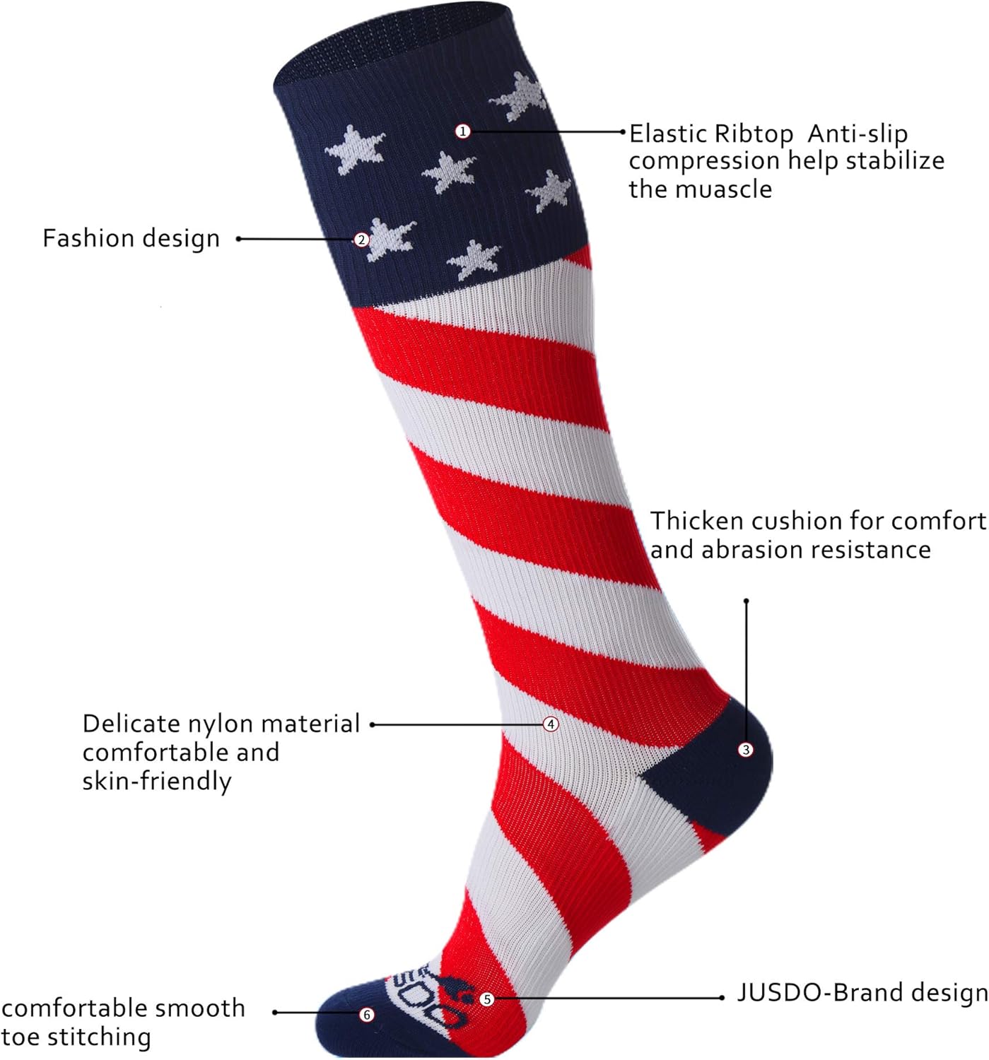 JUSDO Kids Soccer Socks, American Flag Athletic Socks with Cushion Team Sport Knee High Socks for Youth Kids Boys Girls Christmas Gift (3 Pairs/M) (Medium, American Elements-2) - Image 2