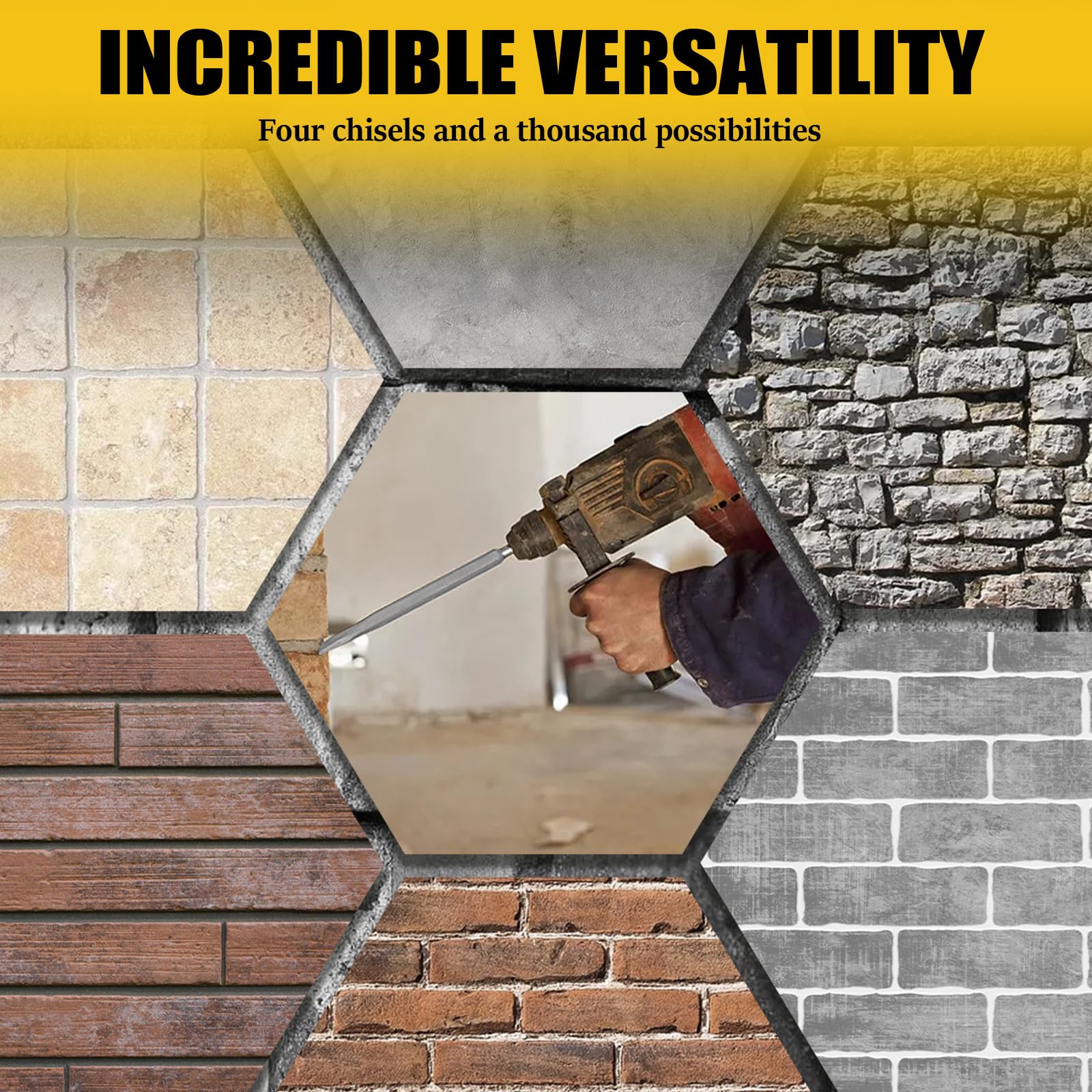 Set Di 4 Scalpelli SDS Plus 250 Mm - Per Demolizione, Piastrelle, Cemento, Include Piatto, A Punta E Smussato - 12