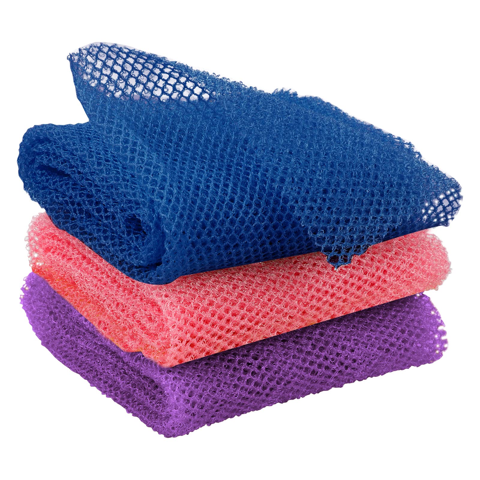3 PCS African Exfoliating Net, 31.5 Inch Bath African Net Sponge, Exfoliating Cloth, Body Back Scrubber for Shower Bathing Exfoliating (Pink blue purple)