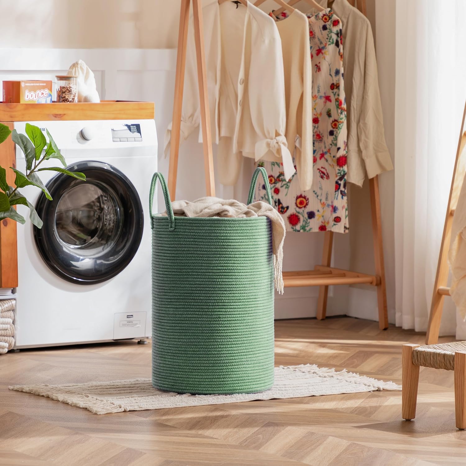 Laundry Basket, 52L Woven Laundry Hamper, Baby Nursery Hamper for Toys, Blanket Basket for Living Room, Clothes Hamper for Bedroom&Baby Room, Green