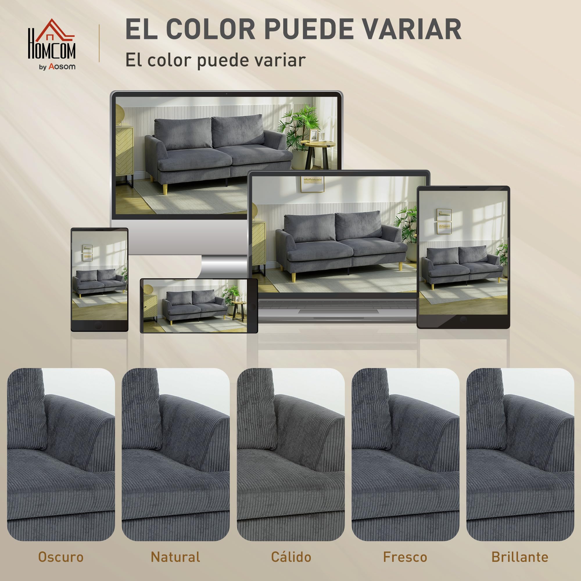 HOMCOM Sofá de 3 Plazas, Sofá de Salón Moderno, 188x80x86 cm, Tapizado en Pana, Acolchado Grueso de Muelles, Asiento Ancho, Reposabrazos, Fácil Montaje, 2 Almohadas, Gris Oscuro