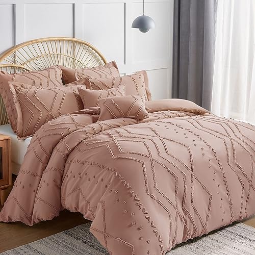 Gemarwel Juego de funda de edredón rosa, tamaño Queen Boho, juego de ropa de cama jacquard copetudo, 3 piezas, estilo rural para todas las