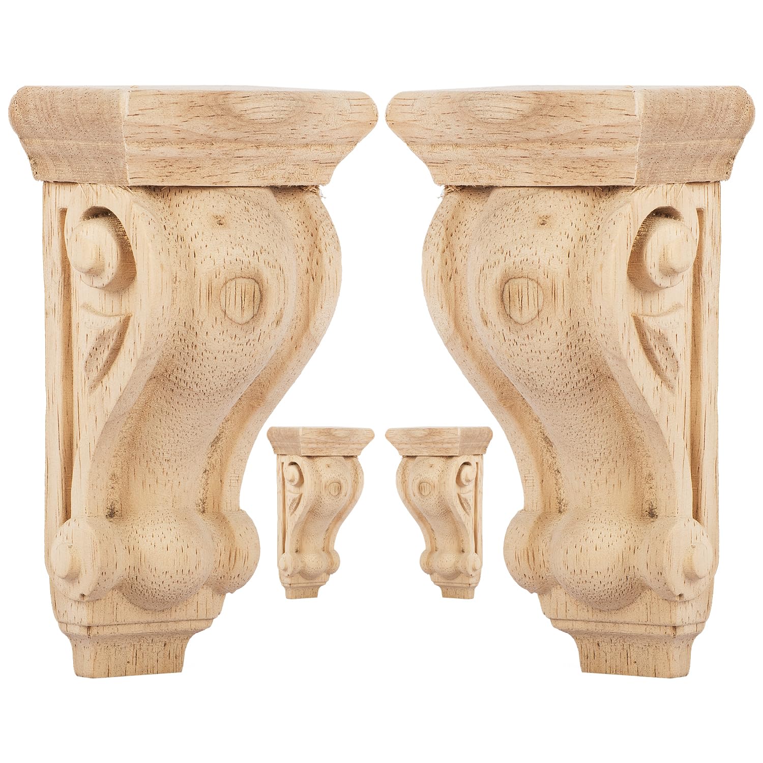 TCHOSUZ 6 inch-W 4 inch-D 11 inch-H Wood Carved Corbels, 4 -Pack Antique Traditional Unfinished Wooden Carving DIY Decorative Scrolled Millwork Brackets for Countertop Kitchen Fireplace Mantel