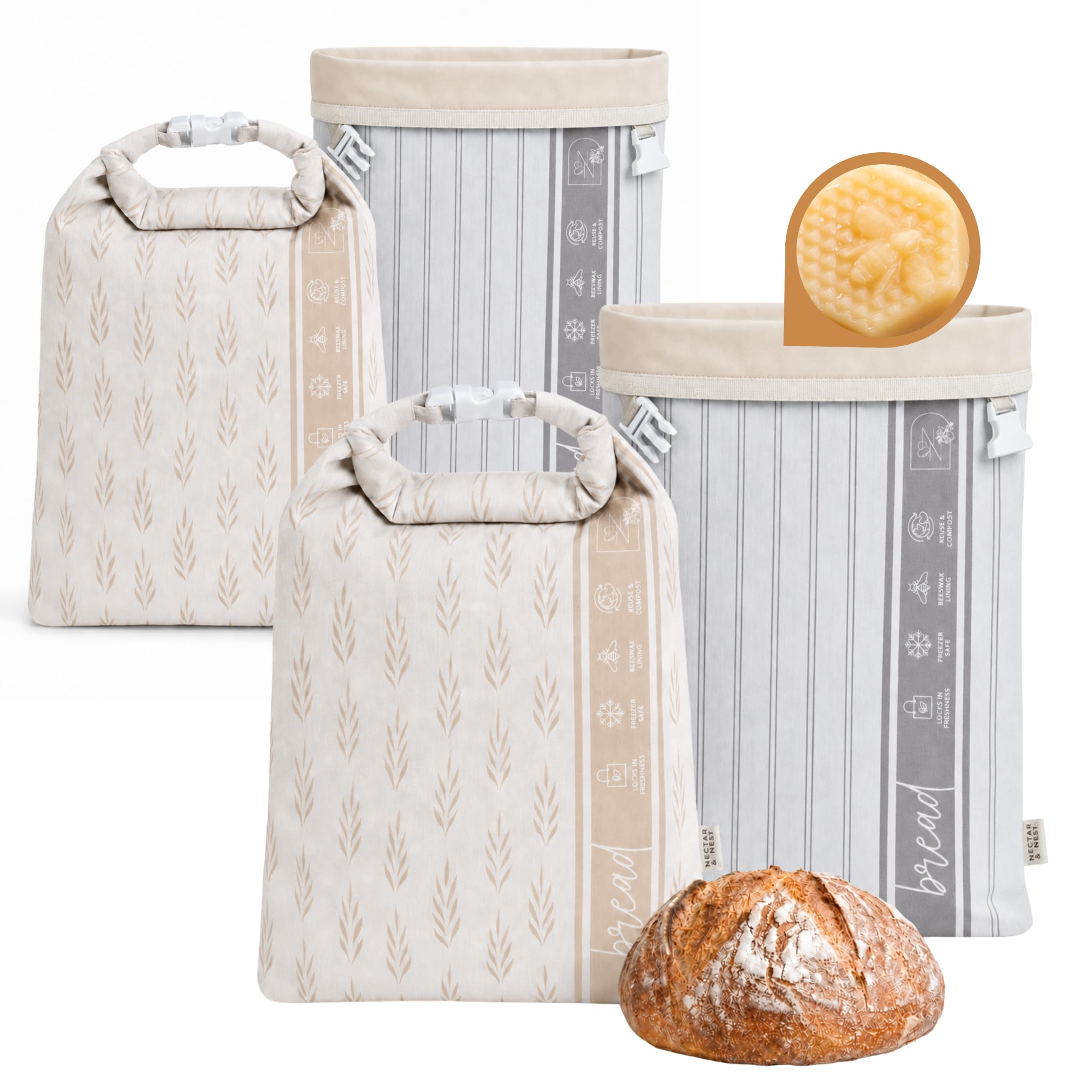 Nectar &amp; Nest Reusable Beeswax Bread Bags for Homemade Bread &amp; Sourdough