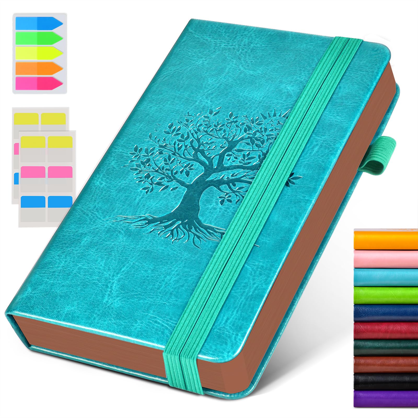 Vintage Leather Journal - 300 Page Lined Journal for Women Men, A6 Small Notebook with 2 Elastic Straps, 3 Ribbons, Pen Holder, Pocket Notebook for Work, Travel, Writing, Daily Diary (3.7" x 6.8")