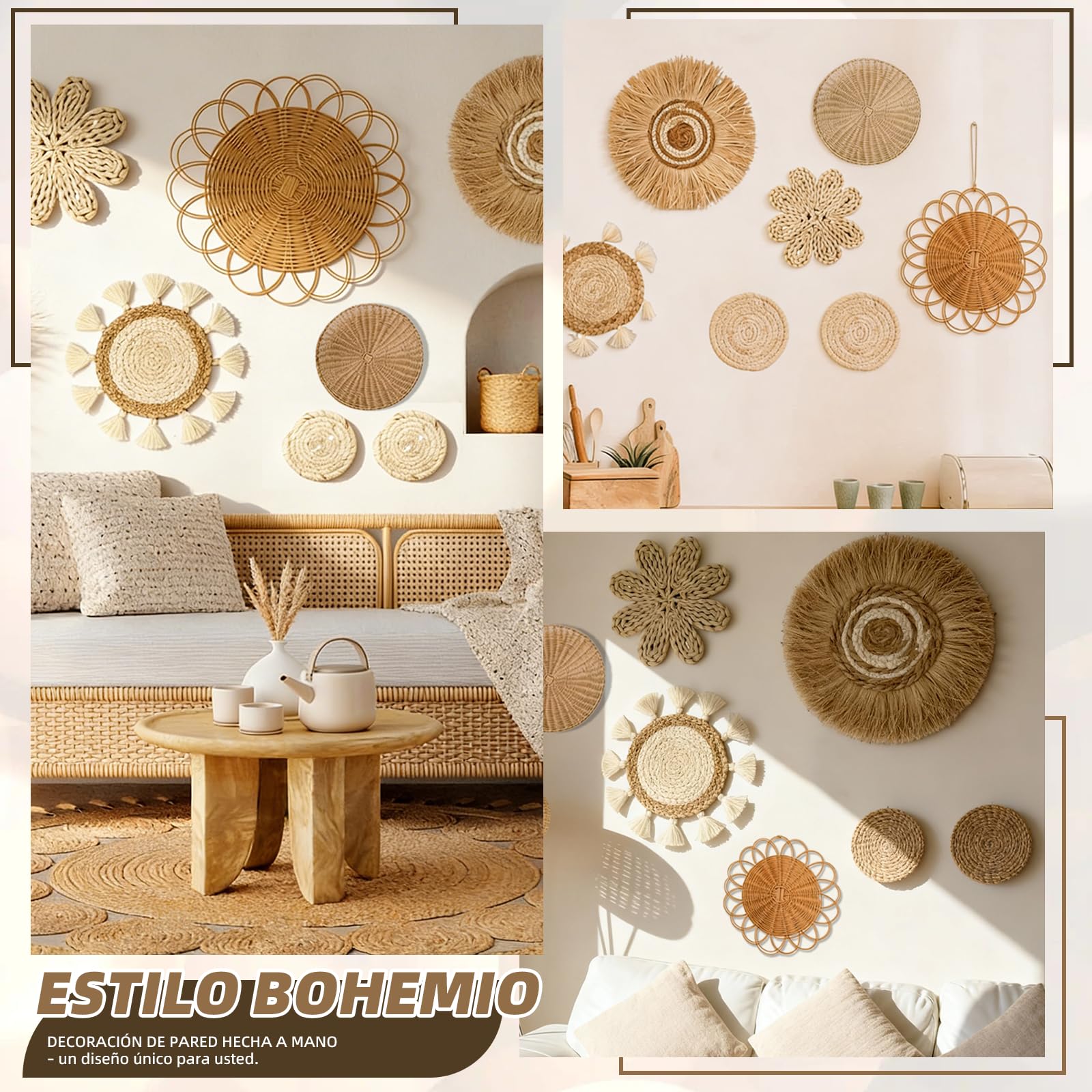 CeyKvo Juego de 7 cestas de pared de estilo bohemio, decoración de pared de mimbre de algas marinas, decoración de pared redonda, ideal para sala de estar, dormitorio, etc.