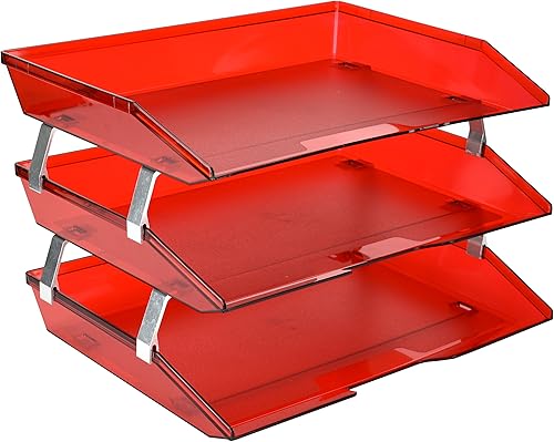 Acrimet Facility - Bandeja de letras de 3 niveles de carga lateral de plástico para escritorio (color rojo transparente) disponible en Yaxa Peru