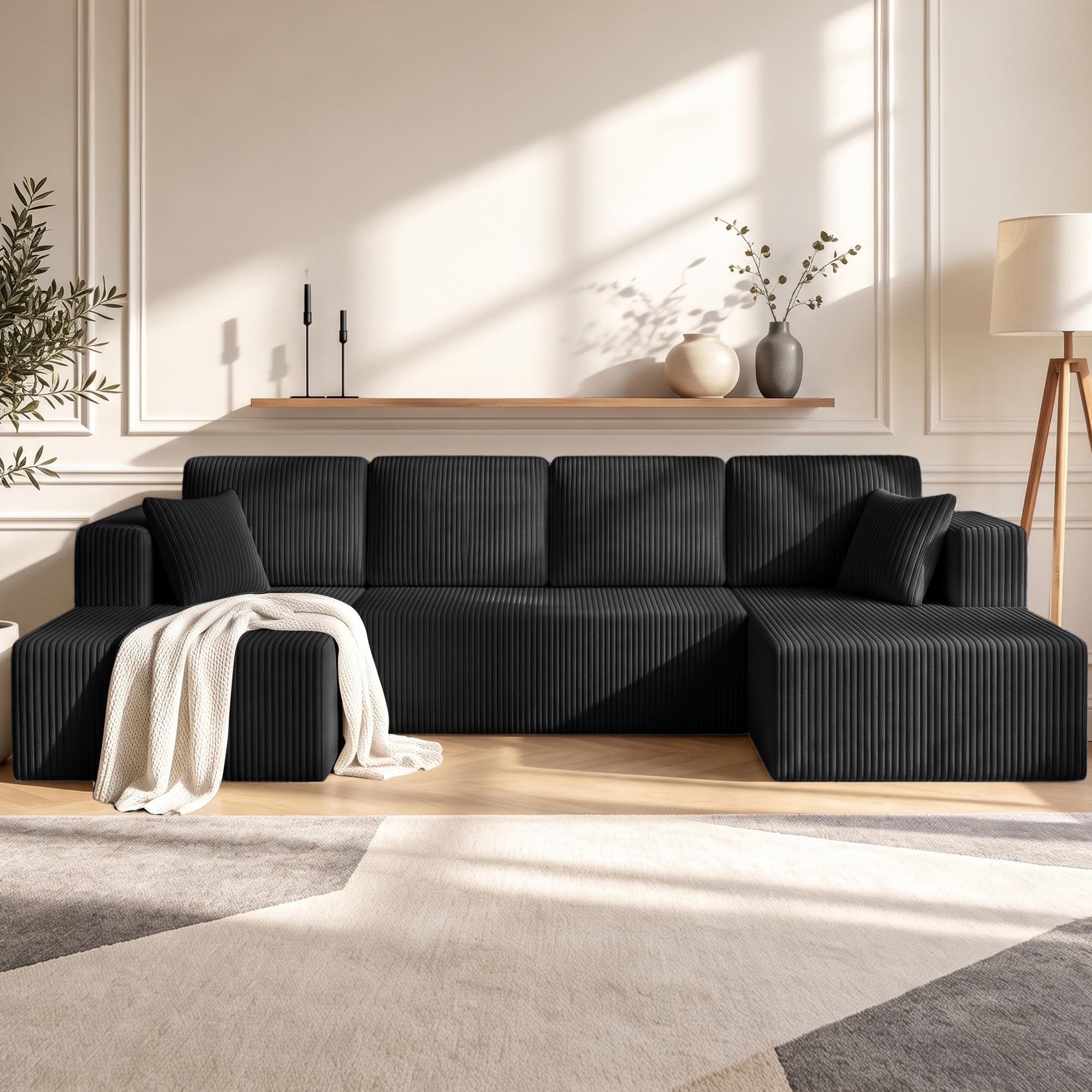 130" Boneless Couch U-Shaped Sectional Sofa, Black