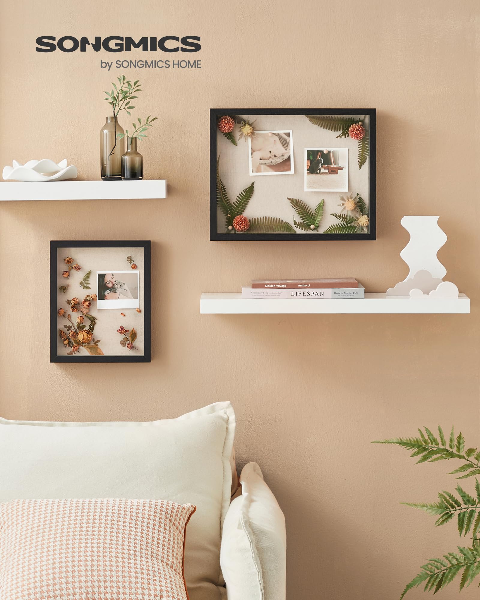 SONGMICS Marco de fotos 3D para rellenar, marco de fotos con cordón, pinzas, manualidades, placa de espuma con superficie de lino, vidrio, MDF, 22,5 x 4 x 27,5 cm, idea de regalo, color negro
