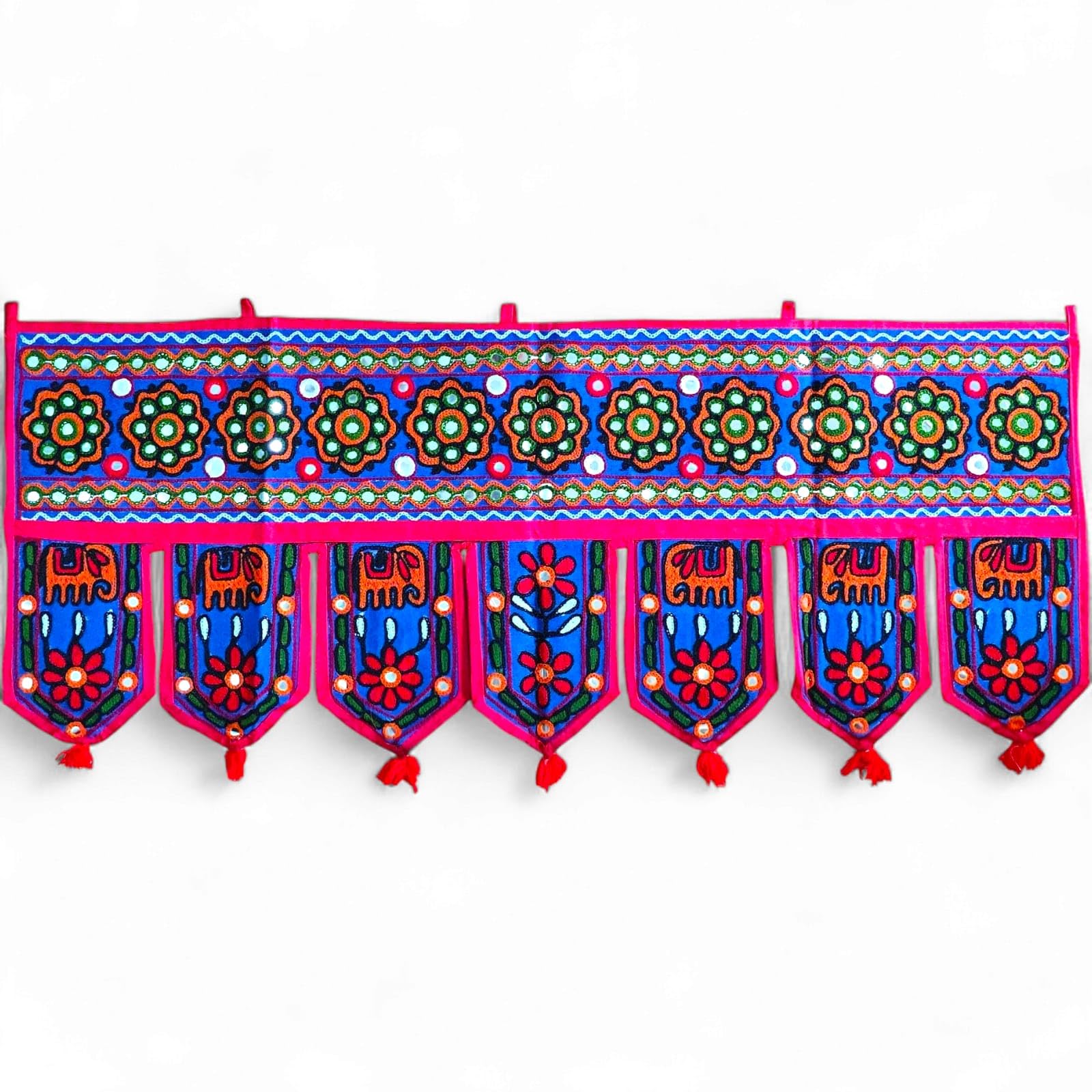 Original Kikan Royal Blue Elephant Handmade Tapestry Cotton Door Wall Hanging Ethnic Topper Toran Indian Window Valance (37 X14 Inches) (Royal Blue)