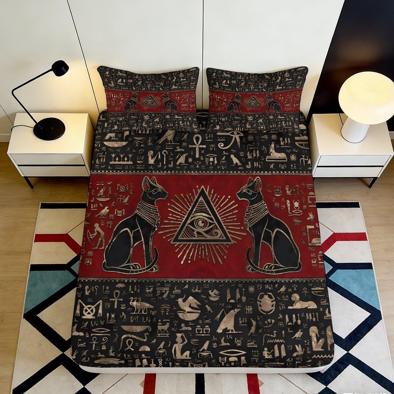 3D Printed Egyptian Anubis Fitted Sheet Microfiber Black Red Ancient Hieroglyphs Mattress Cover Bedroom Decor 90x200x25cm