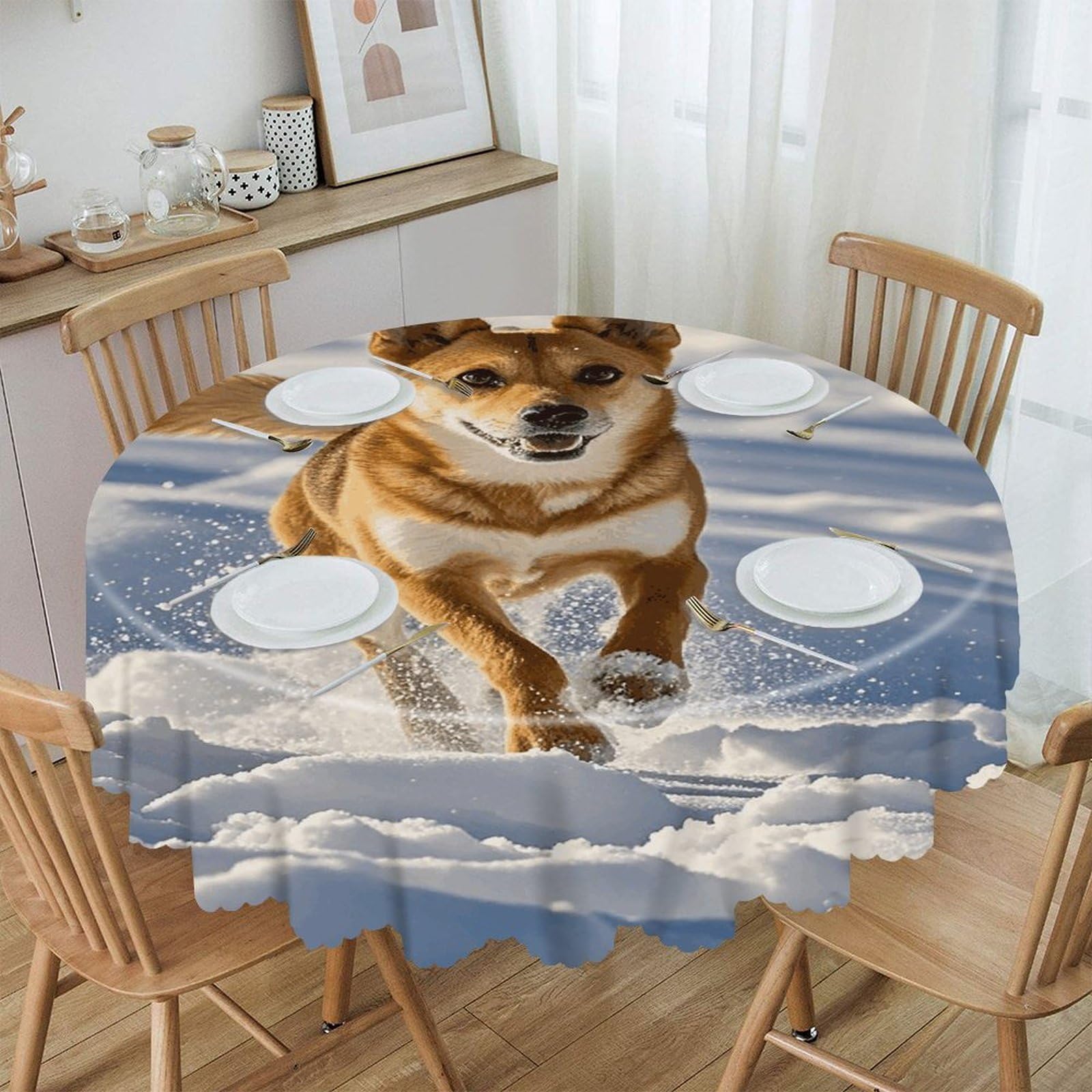 LZQPOEAS Dog Chasing in The Snow Round Tablecloth Rustic Circle Table Cloth Wrinkle Resistant Decor Tablecloth Waterproof Washable Table Cover for Kitchen Party Dining Table 60 Inch