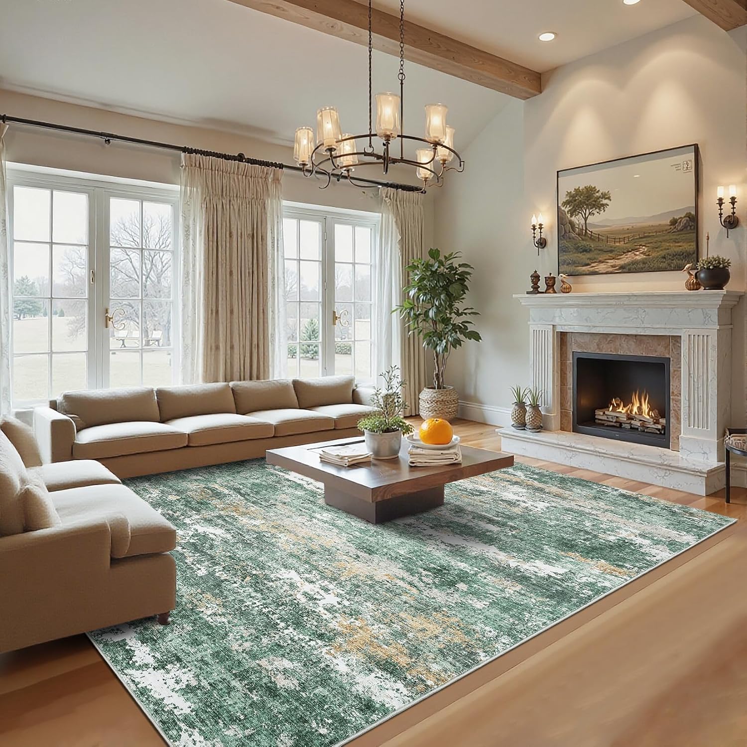 GarveeHome Area Rugs 8x10 Machine Washable for Living Room Modern Abstract Area Rug for Bedroom Farmhouse Indoor Large Floor Carpet with Non Slip Backing Stain Resistant Green Green 8' x 10' (Rectangular)