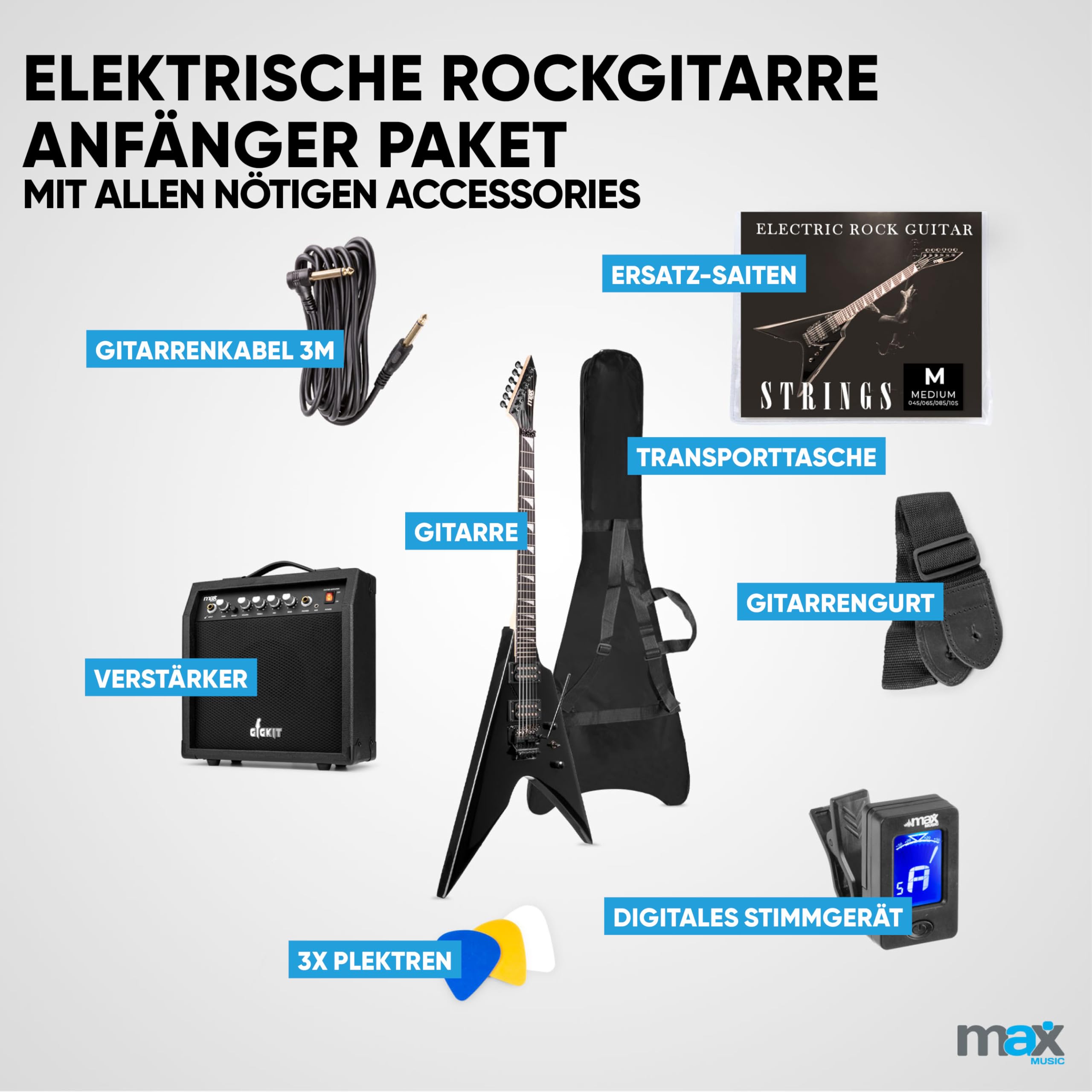 Max GigKit Rock Style E-Gitarre, E Gitarren Set mit Gitarrenverstärker, Tasche, Plektrum, Stimmgerät Gitarre, Instrumentenkabel, Ersatzsaiten, Gitarrengurt, 24 Bünde - Schwarz