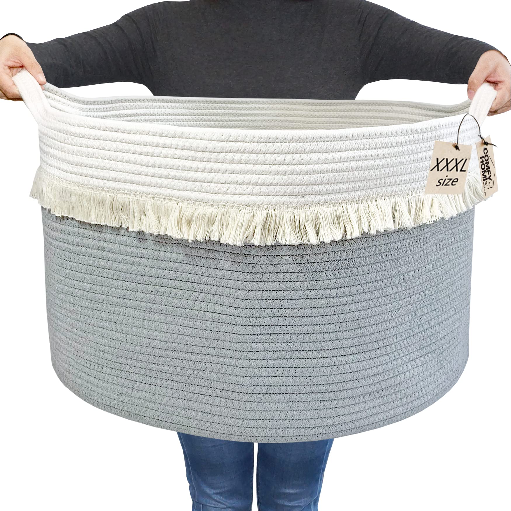 COMFY-HOMIBaskets XXXLarge Boho Cotton Rope Woven Laundry Basket 21''x21''x13.6'' with Handle, Toy Storage Basket, Soft Decorative Hamper for Baby Bed Room, Blanket, Towel, Pillow - Tassel White/Grey