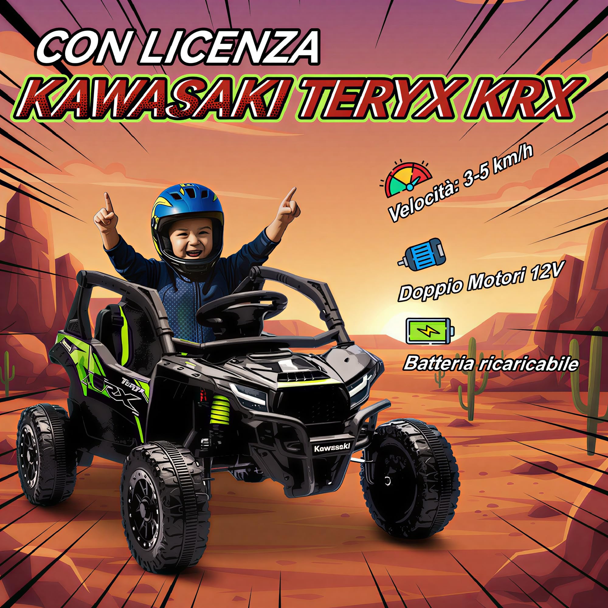 AIYAPLAY Macchina Elettrica per Bambini UTV KAWASAKI TERYX KRX, 12V Fuoristrada Auto per Bambini con 2 Motori, Cintura, Telecomando, Sospensioni, USB, Bluetooth, Musica, Luci, 3-5km/h, 3-5Anni, Nero