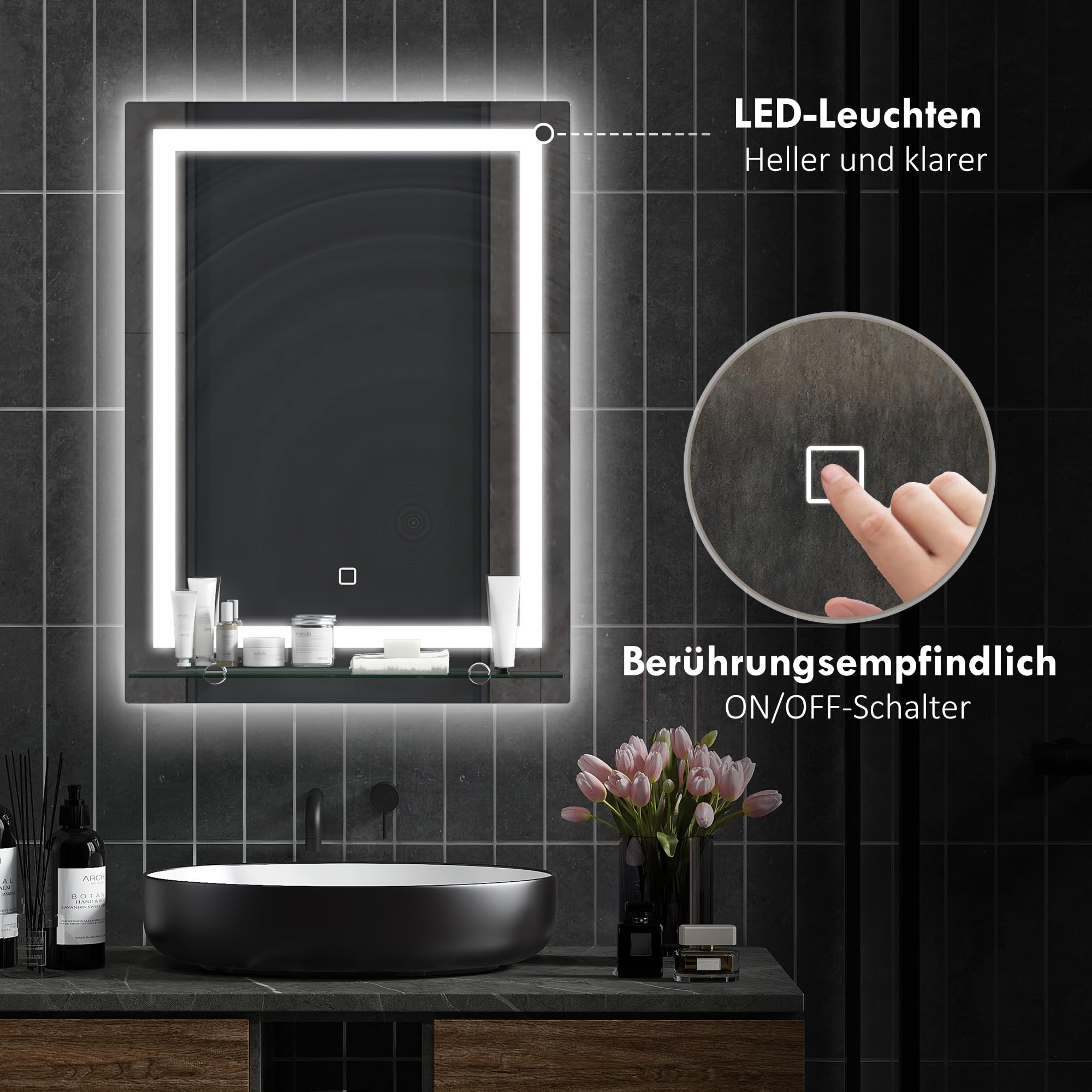 kleankin Badspiegel mit Beleuchtung, Wandspiegel mit 3 Lichtfarben, IP44 Lichtspiegel mit Touch-Schalter, Memory-Funktion, Badezimmerspiegel aus Alu, 50 x 70 cm