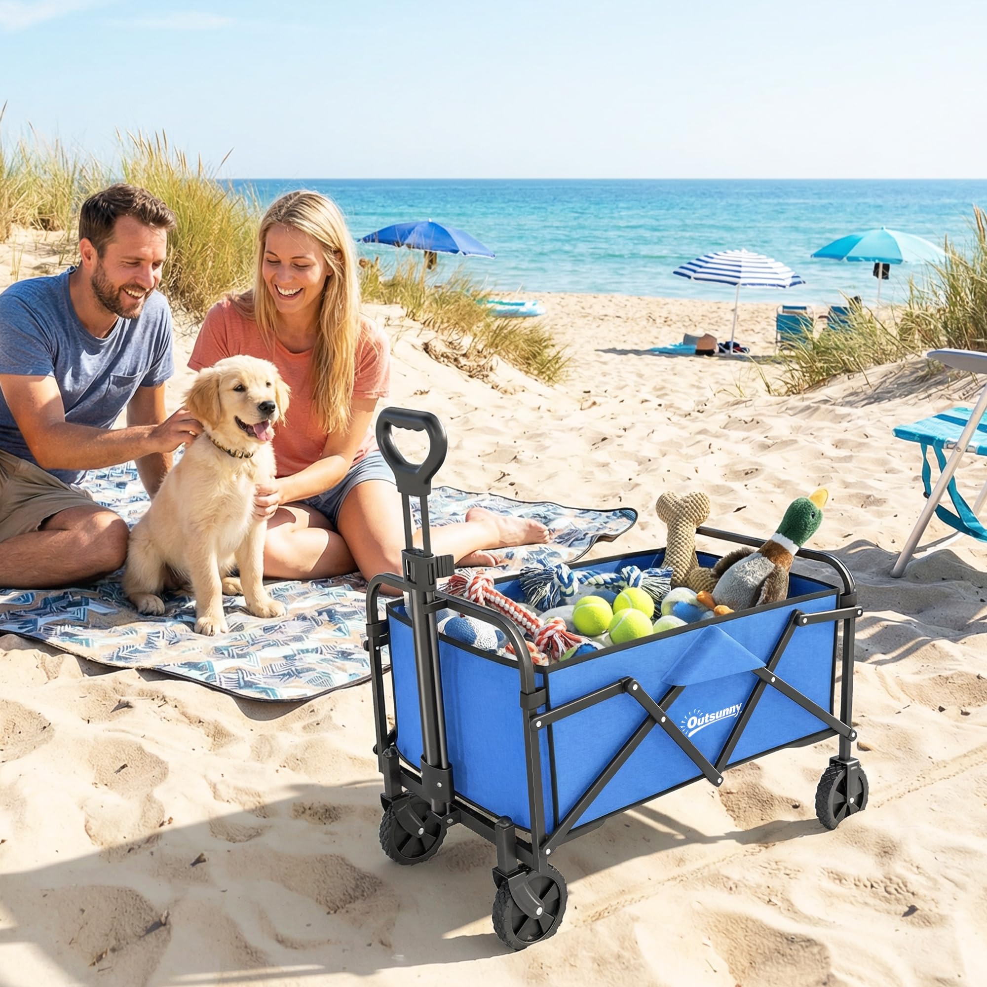 Outsunny Carro Playa con Ruedas, Carro de Jardín Plegable con Mango Ajustable, Marco de Metal, Carga 68 kg, Carrito Transporte para Todo Terreno, Jardín, Campaña, Compra, Azul