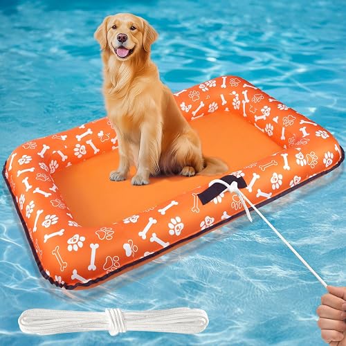 Dog Pool Float for Small Medium Large Dogs, Inflatable Puppy Raft for Pool Lake, Stable Floating Dog Bed & Pet Water Mat with Rope Handles, Durable Oxford & Thick PVC