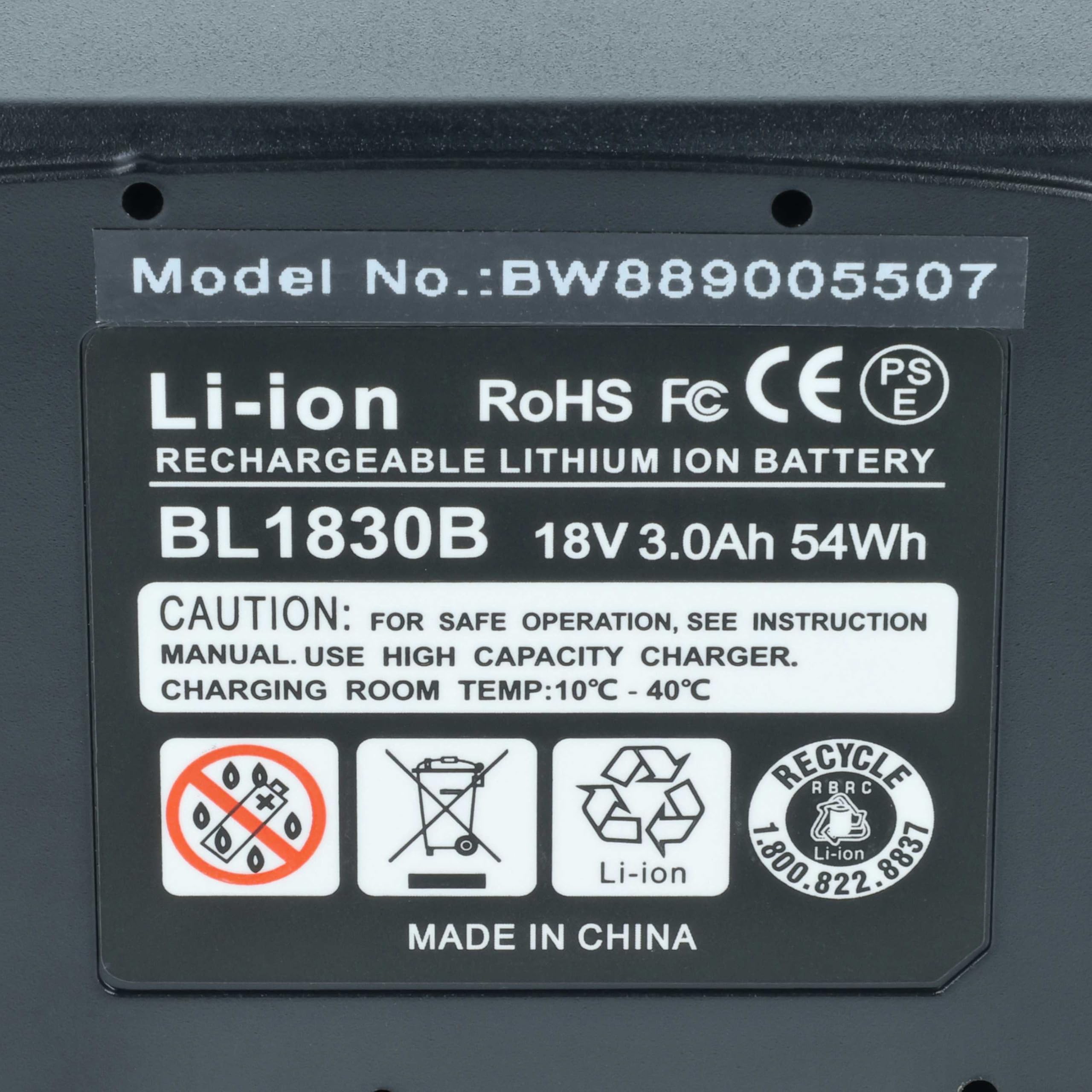 vhbw Akumulator kompatybilny z Makita 9V/3A, BL1850 18 V, 3 AH, 5 V/3 A, 12 V/3 A, PD65W, 25 A, 15 V/3 A, 20 V/3 (3000 mAh, litowo-jonowy, 18 V)