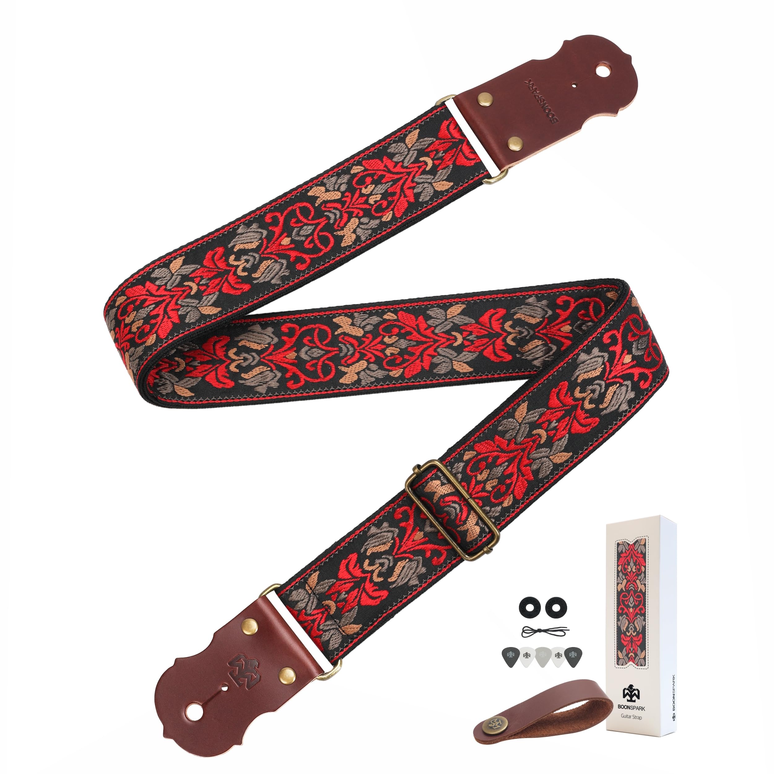 Guitar Strap, Jacquard Embroidery Guitar Straps with Top Real Cowhide Ends Guitar Straps for Electric,Bass and Acoustic Guitars(Embroidered Flower - Deep Red)