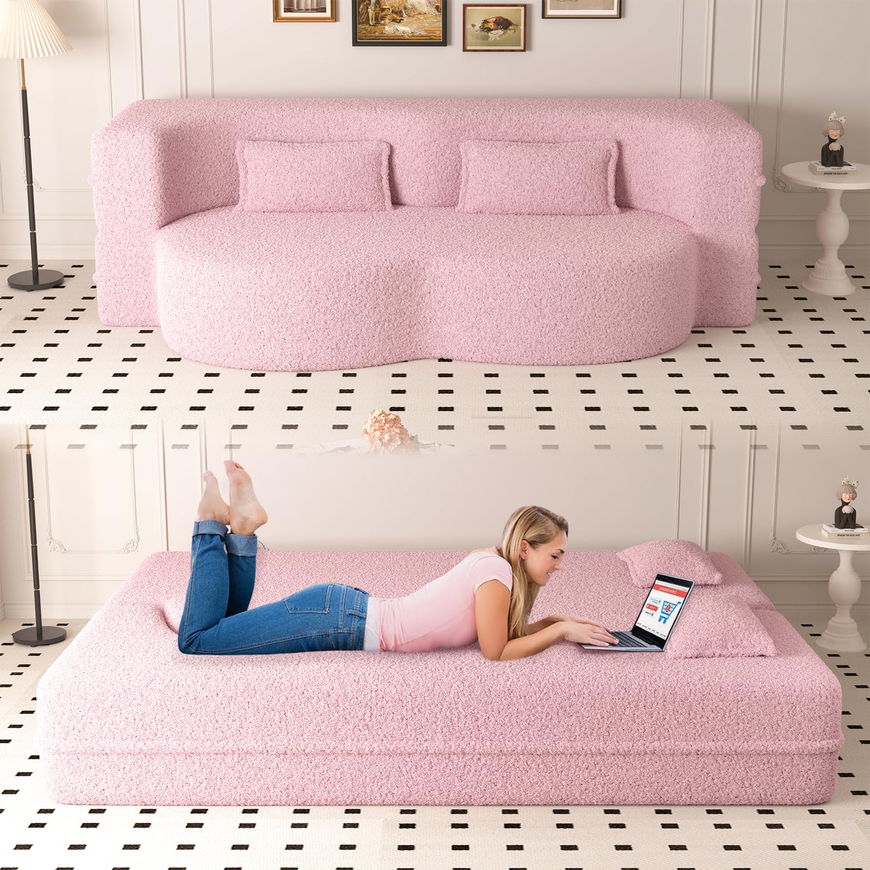 Tongbaiyi 78" Teddy Folding Floor Sofa Couch Bed,Convertible Folding Sofa Bed, Full Size Love Seat Sleeper Bed Floor Sofa Bed with 2 Pillows for