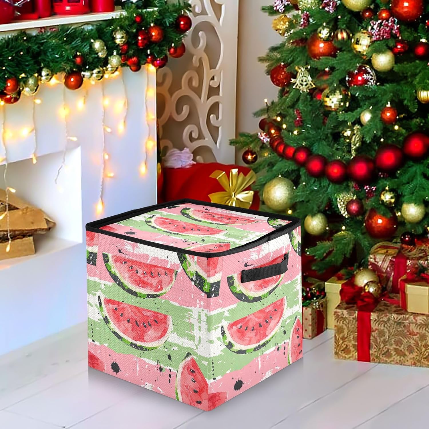 Watermelon 13 Inch Christmas Ornament Storage Box with Lid - Holiday Decor Storage Containers, Stores 64 Ornaments, 3 Inch Cube Compartments