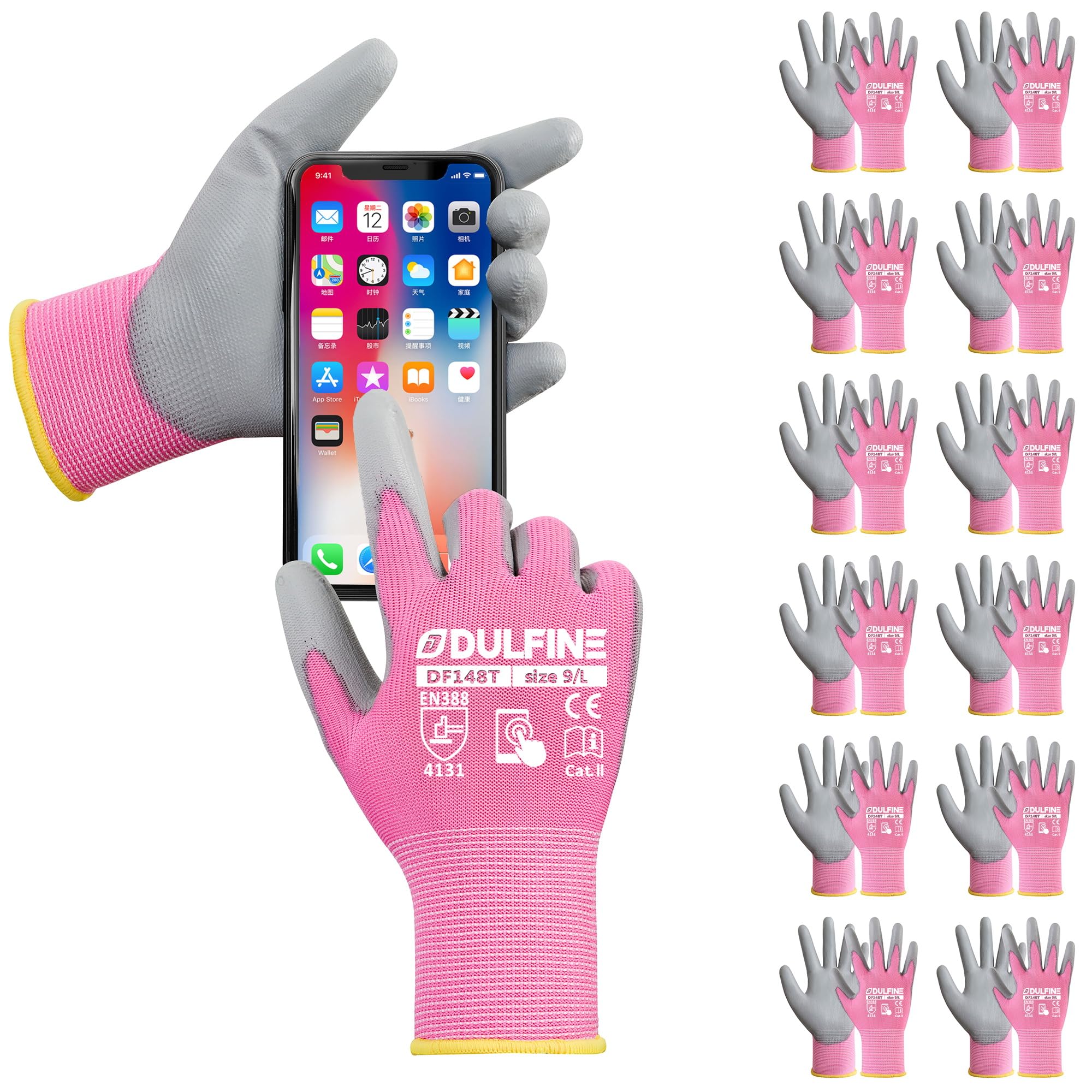 DULFINE Touchscreen Work Gloves for Women 12 Pairs, PU Coated