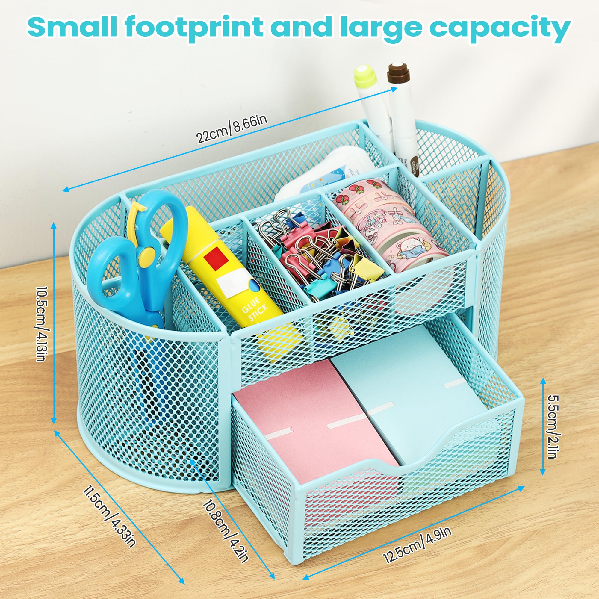Chumix Organizer Scrivania, Porta Penne per Scrivania, Portapenne da Scrivania in Rete Metallica, Versatile Desk Organizer con Cassetto e Porta Penne, per Casa, Scuola, Uffici (Azzurro)