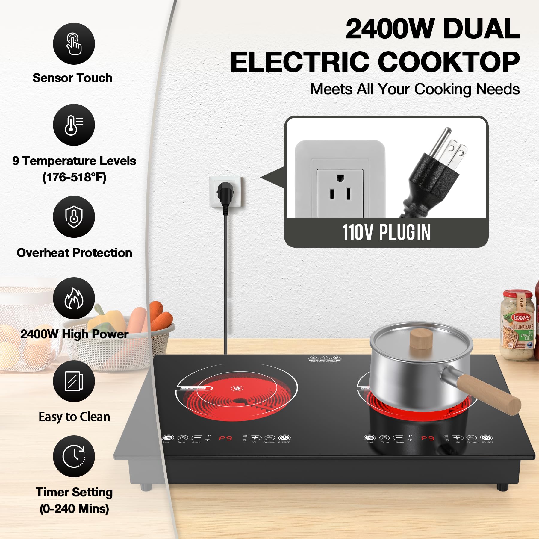 Cocina eléctrica de 2 quemadores, estufa eléctrica de 110 V 2400 W con control táctil, 9 niveles de calefacción, temporizador y seguridad para niños 3