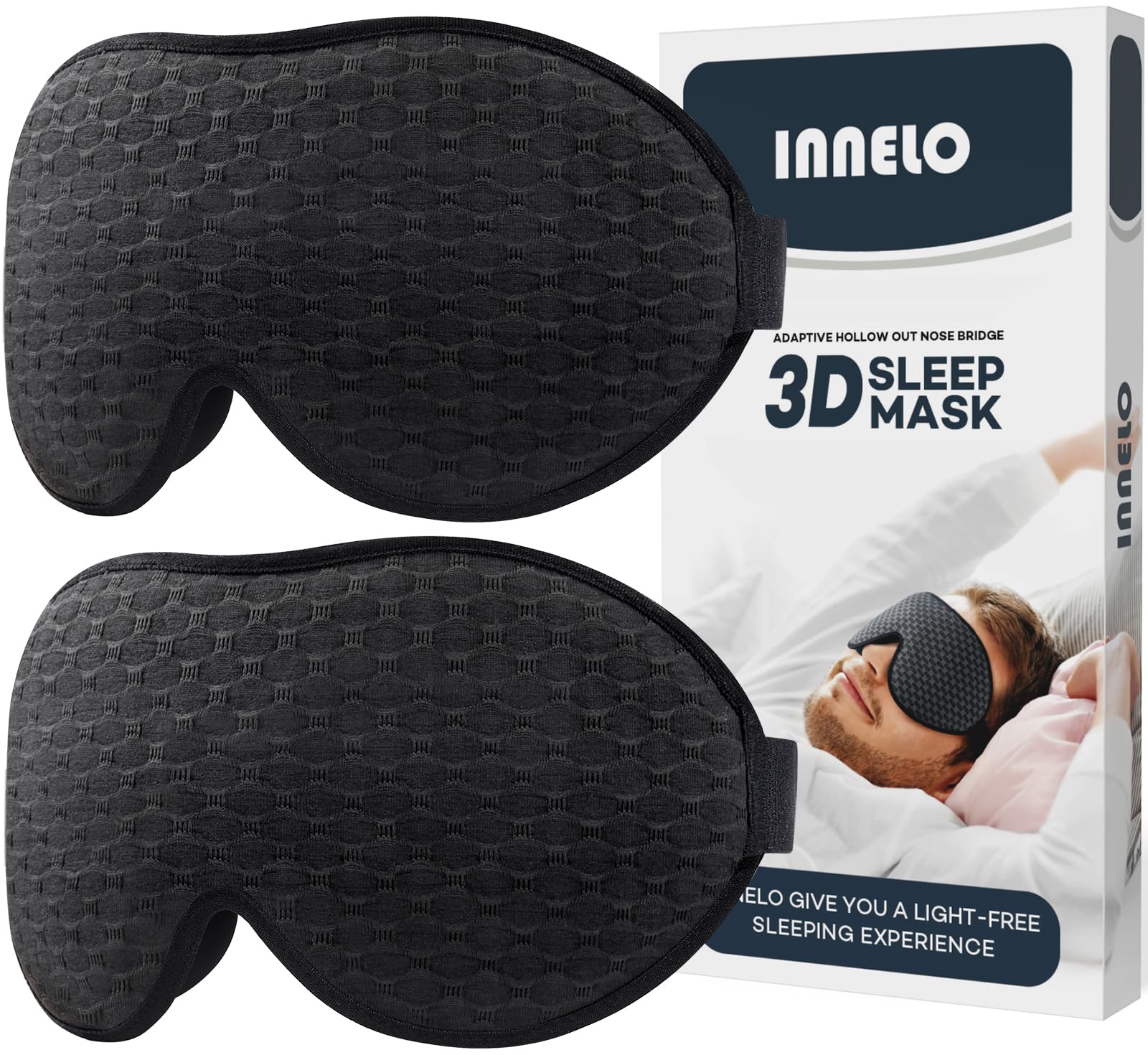 INNELO 2er Pack Schlafmaske für Herren und Frauen, Bequeme Atmungsaktive 3D Augenmaske, mit tiefen Augenhöhlen und erhöhten Nasenpads, 100％ Lichtblockierende Schlafbrille für Reisen, Schwarz/Schwarz