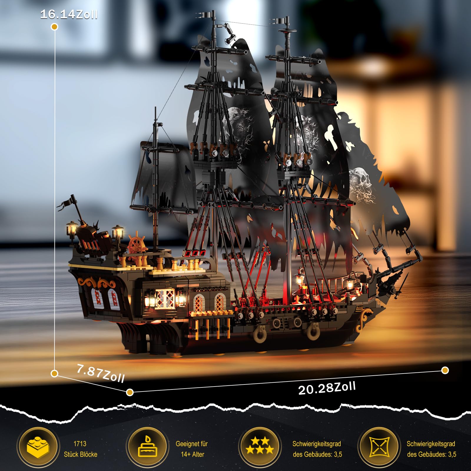 Piratenschiff Baustein Set mit Lichtern, Pearl Piratenschiff Modell Klemmbausteine für Sammler & Deko, Geschenk für Erwachsene Jugendliche Männer Jungen(1713 Stück)