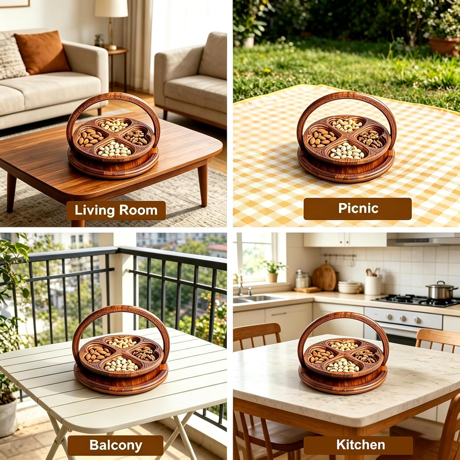 Handmade 12" Foldable Wooden Basket, Collapsible Fruit Basket Walnut Carving Fruit Plate for Fruit, Bread and Nuts, Kitchen Storage Serving (4 grids)