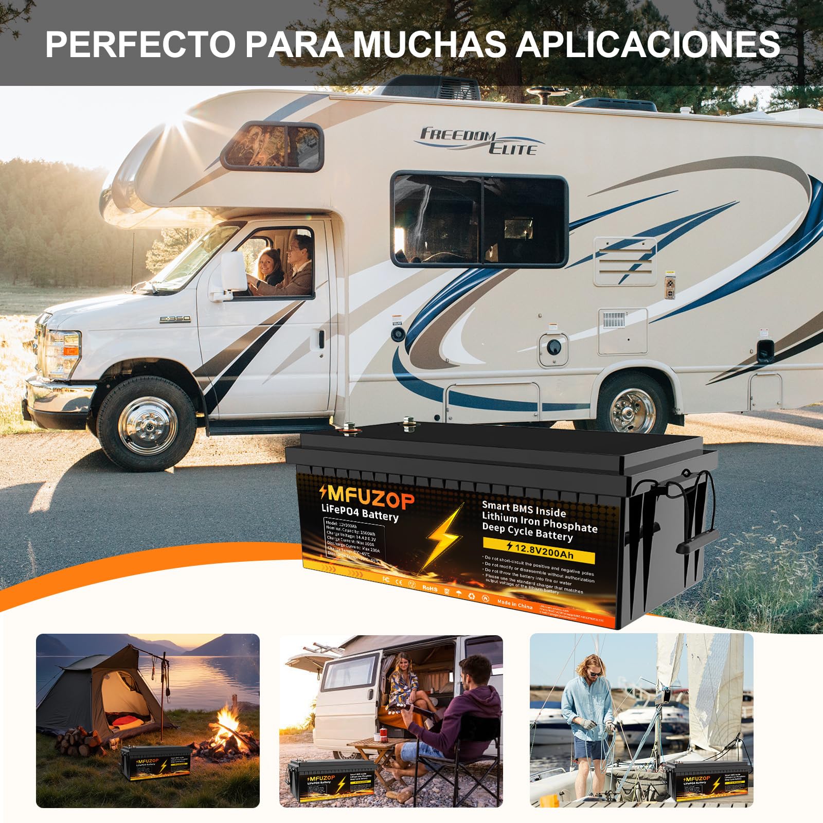 Batería Litio 12V 200Ah, BMS 200A Integrado, Potencia Máxima de Salida 2560W, 15000+Cycles, Soporte de Potencia en Conexión Serie/Paralelo, Solar, RV, Off-Grid(12V200AH*1Pcs)