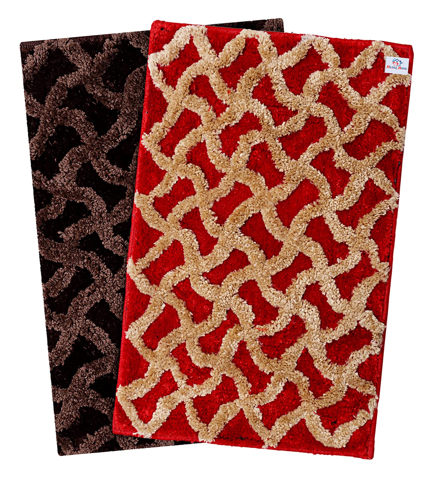 Heart Home Soft, Lightweigth, Washable, Non Slip Doormat Entrance Rug Dirt Trapper Mat Shoes Scraper for Entry, Patio, Porch- Pack of 2 (Dark Brown & Red)