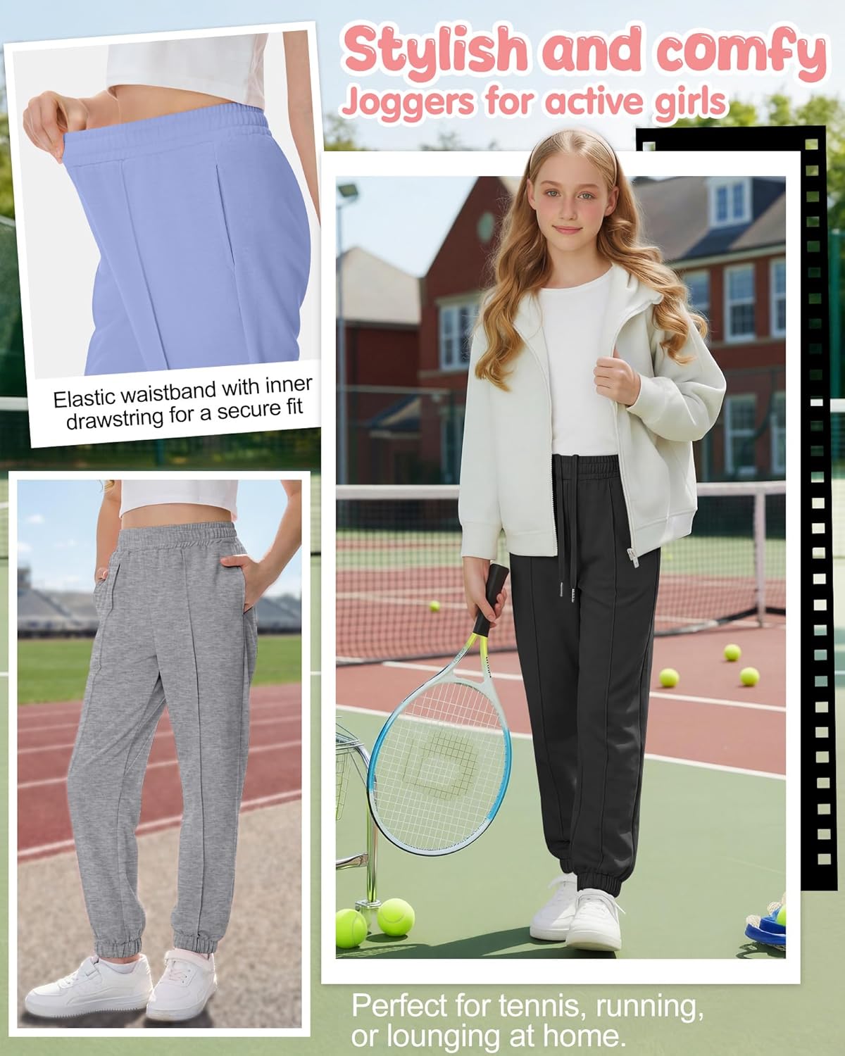 Oakgarden 3 Pack Girl's Sweatpants Joggers Athletic Pants Baggy Drawstring Elastic Waist Pants with Front Seam and Pockets
