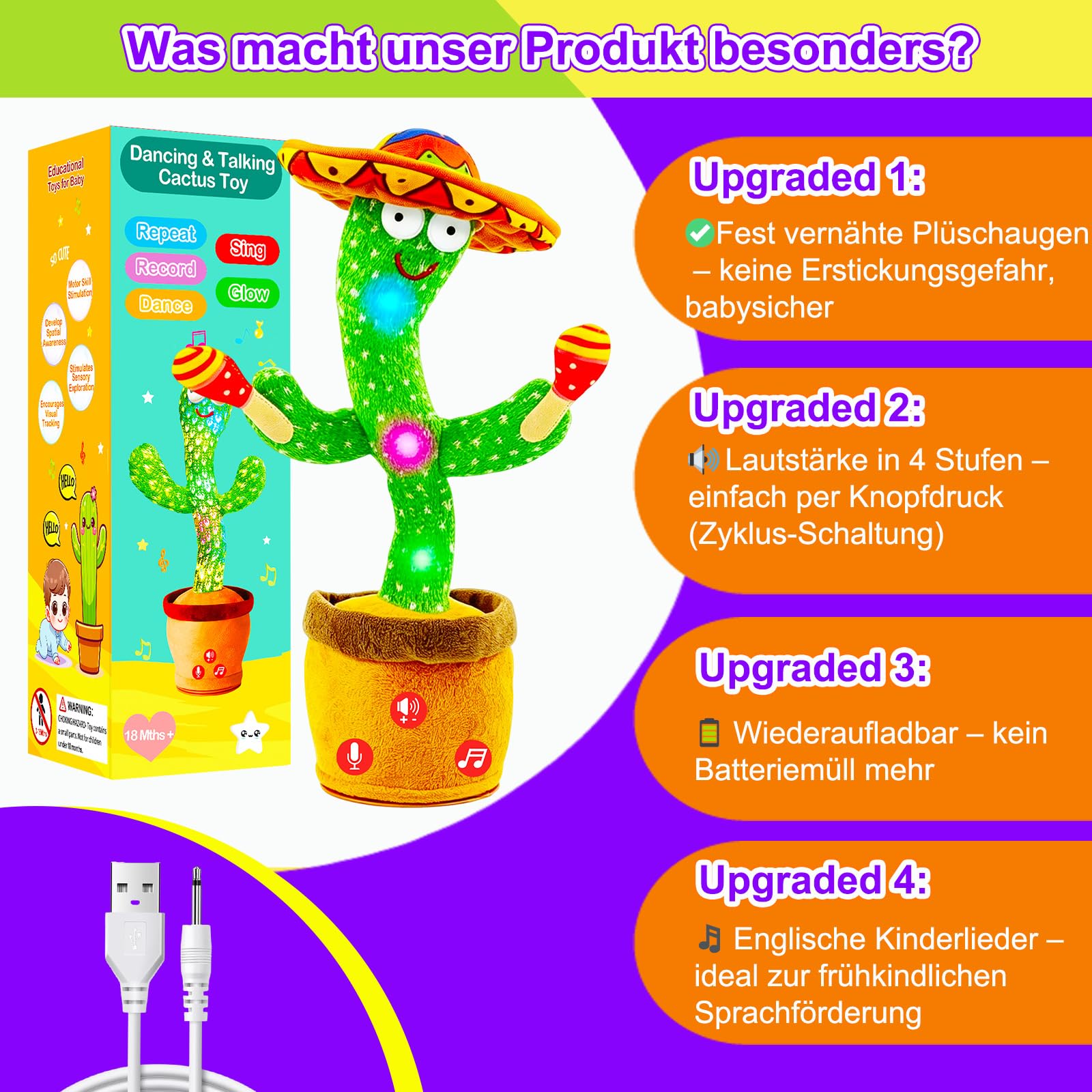 Tanzender Sprechender Kaktus Baby Spielzeug, Lautstärke einstellbar, Nachahmend Singend Wiederholend, Interaktives Plüsch-Babyspielzeug/Geschenk für Jungen Mädchen (Kaktus Trommel Akku)