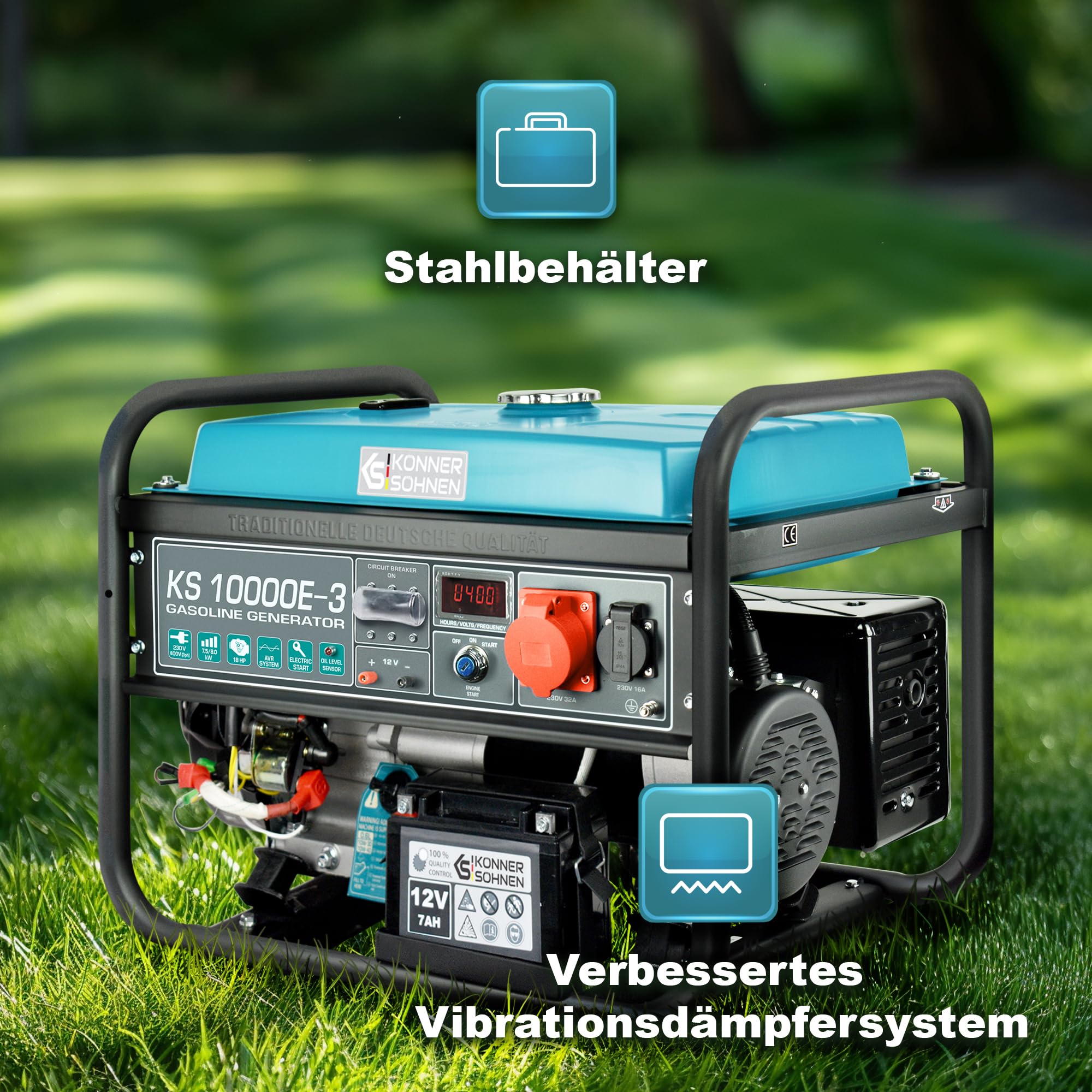 Könner & Söhnen KS 10000E-3 Stromerzeuger, 18 PS 4-Takt Benzinmotor, E-Start, Automatischer Spannungsregler, Anzeige, 1x16A (400V), 1x16A (230V) Generator…