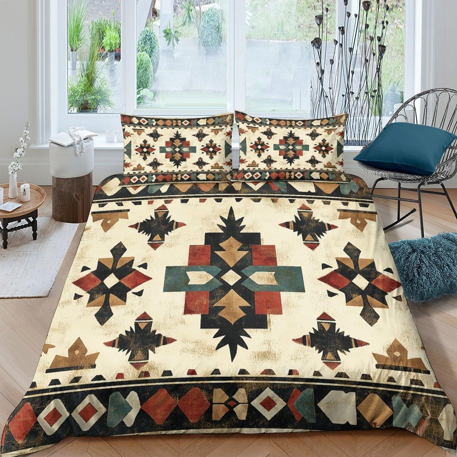 XFKLYNVCJ 3D Printed GeometricPattern Bed Cover Premium Polyester RusticEthnicStyle Duvet Cover Wrinkle Free Stain Resistant for Birthday Gift Men Women Home Bedding Use Single（140x200cm）