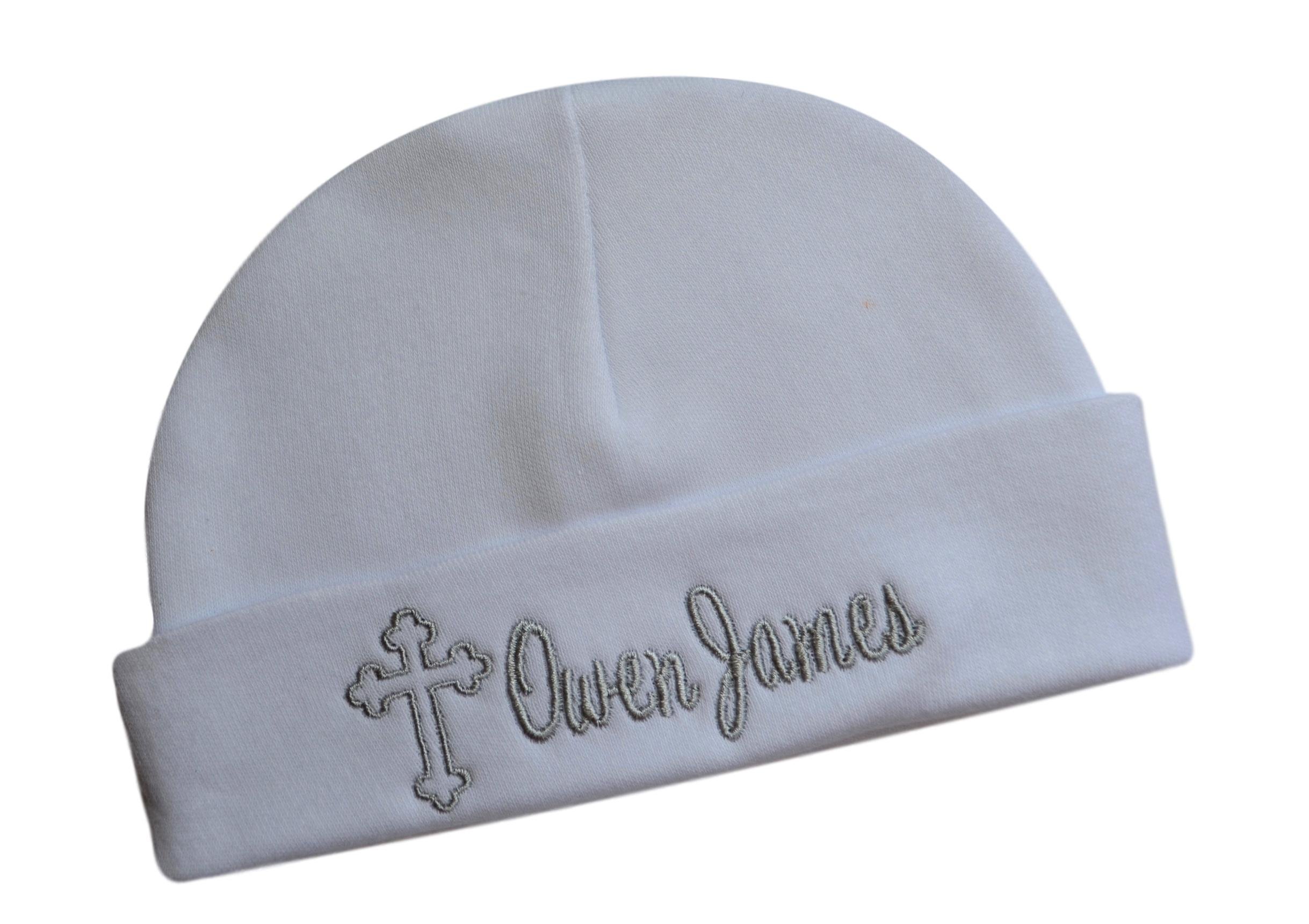 Embroidered Baptism Baby Hat with Cross Personalized with Custom Name 100% Cotton (0-6 Months, Silver)