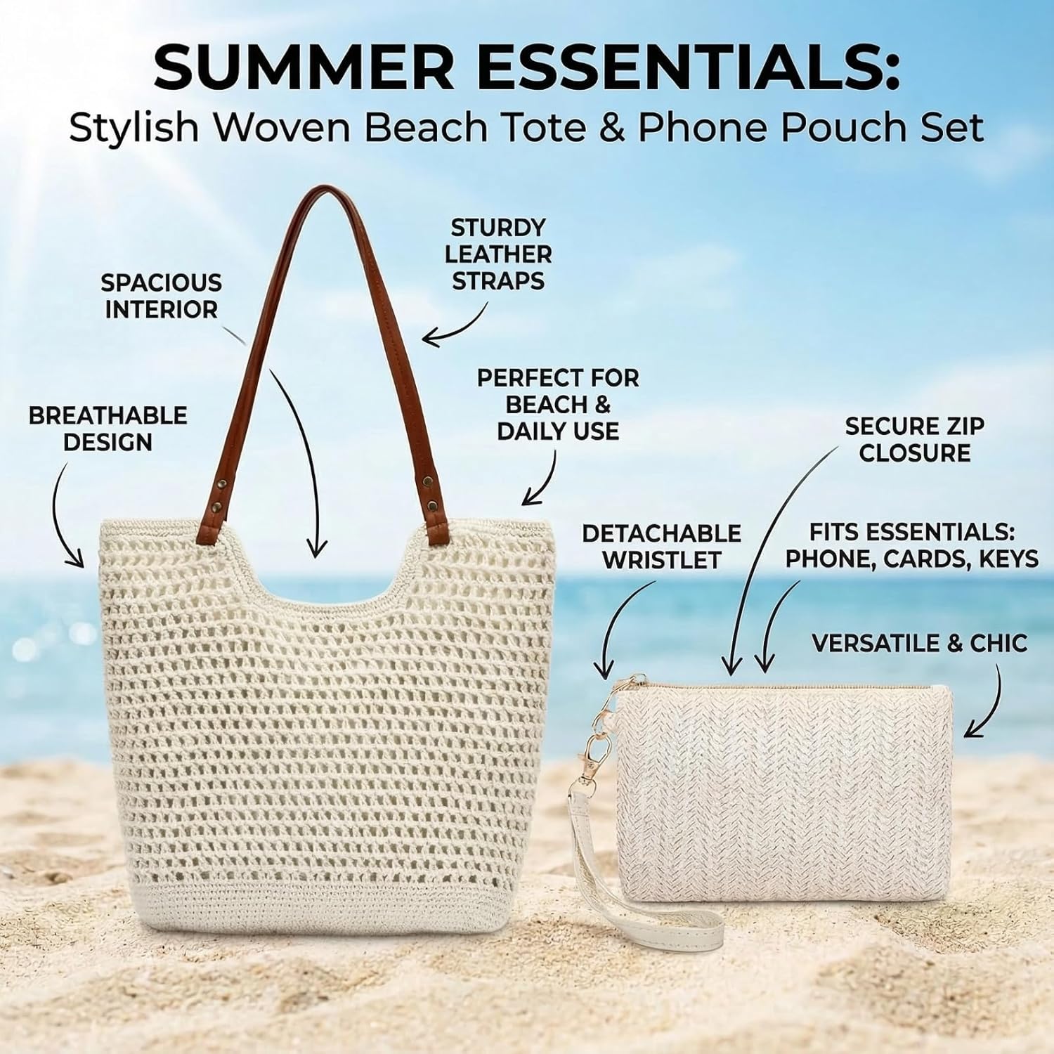 Crochet Beach Bag, Boho Summer Beach Tote for Women Vacation, Soft Travel Woven Bag with Leak-Proof Lining