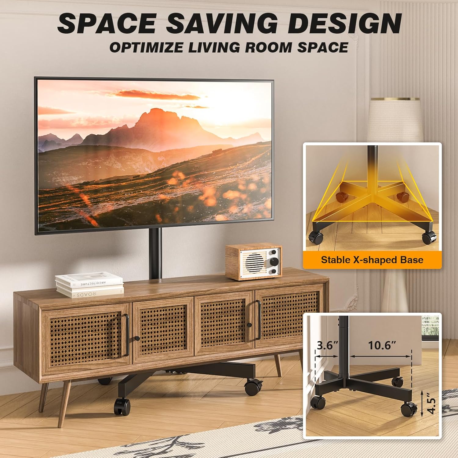 Diagram showing the X-shaped base dimensions and its low-profile design for space saving.