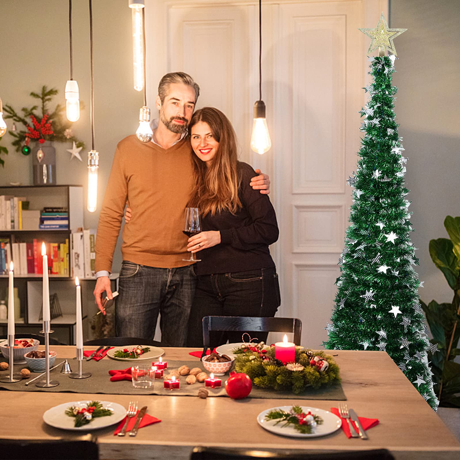 Albero di Natale artificiale pieghevole da 1,52 m, albero di Natale sottile pop-up a matita con stella sulla cima e supporto robusto, albero di Natale decorato per le feste per casa, camino, ufficio