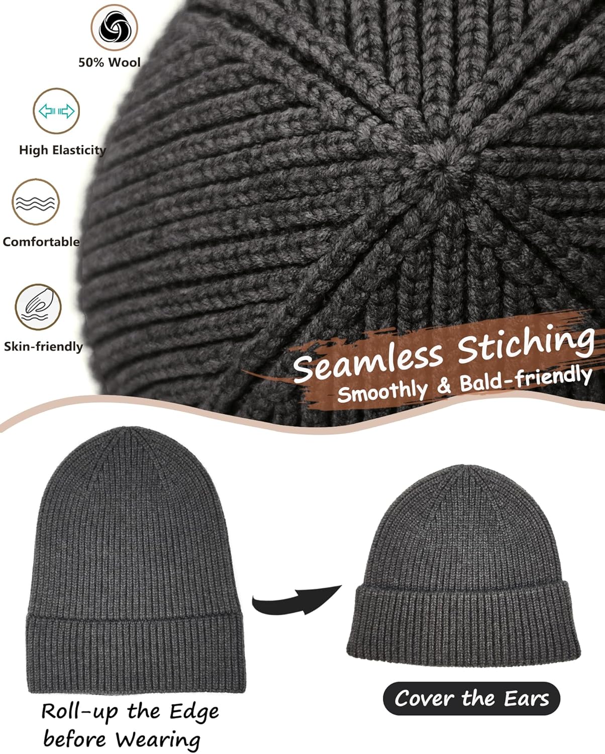 Wool Beanie for Men Women, Seamless Knit Cuffed Warm Winter Hats Fisherman Beanies Womens Ski Hat Skull Cap Unisex - Image 4